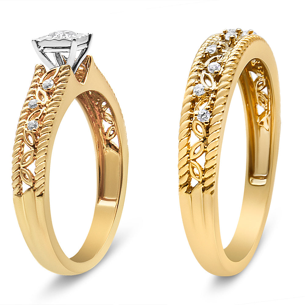 14K Yellow Gold Plated .925 Sterling Silver 1/5 Cttw Diamond Art Deco Style Engagement Ring Bridal Set (I-J Color, I3 Clarity) - Friggin Jewelry