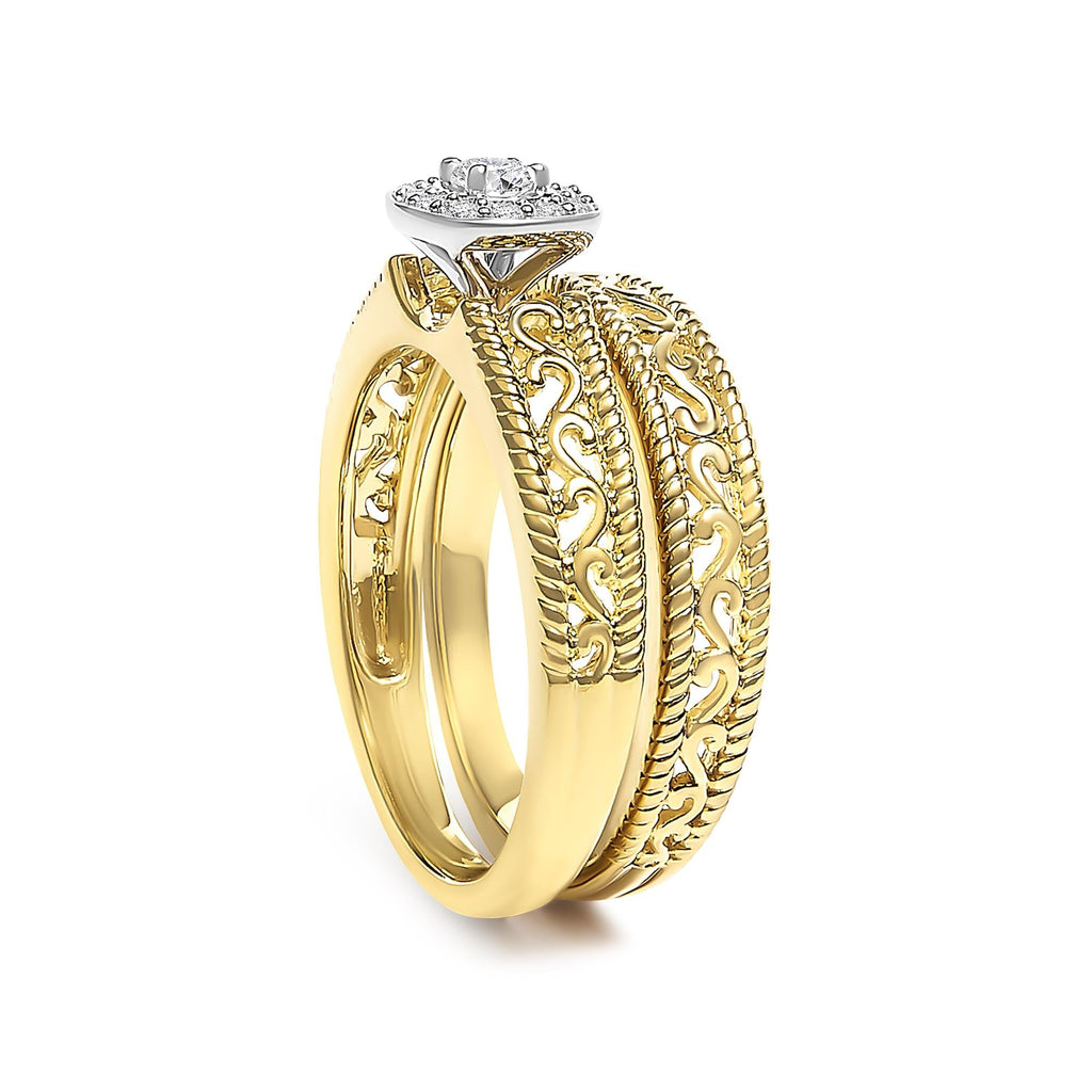 14K Yellow Gold Plated .925 Sterling Silver 1/5 Cttw Diamond Halo and Milgrain Finish Engagement Ring Bridal Set (I-J Color I3 Clarity) - Friggin Jewelry