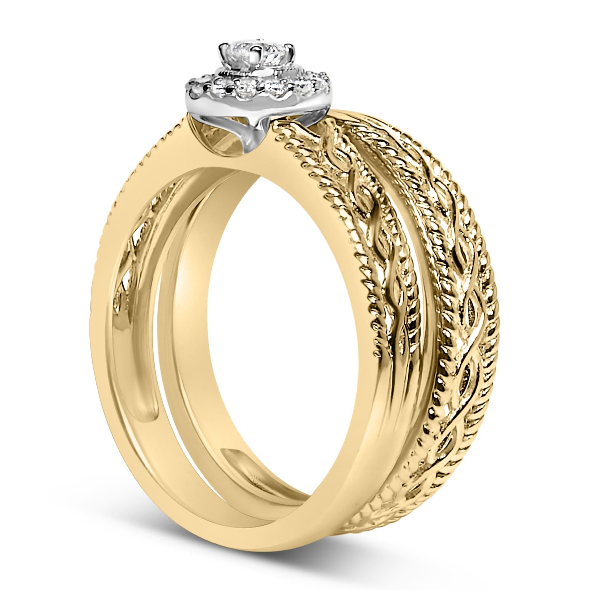 14K Yellow Gold Plated .925 Sterling Silver 1/5 Cttw Diamond Halo Engagement Ring and Wedding Band Set (I-J Color, I3 Clarity) - Friggin Jewelry