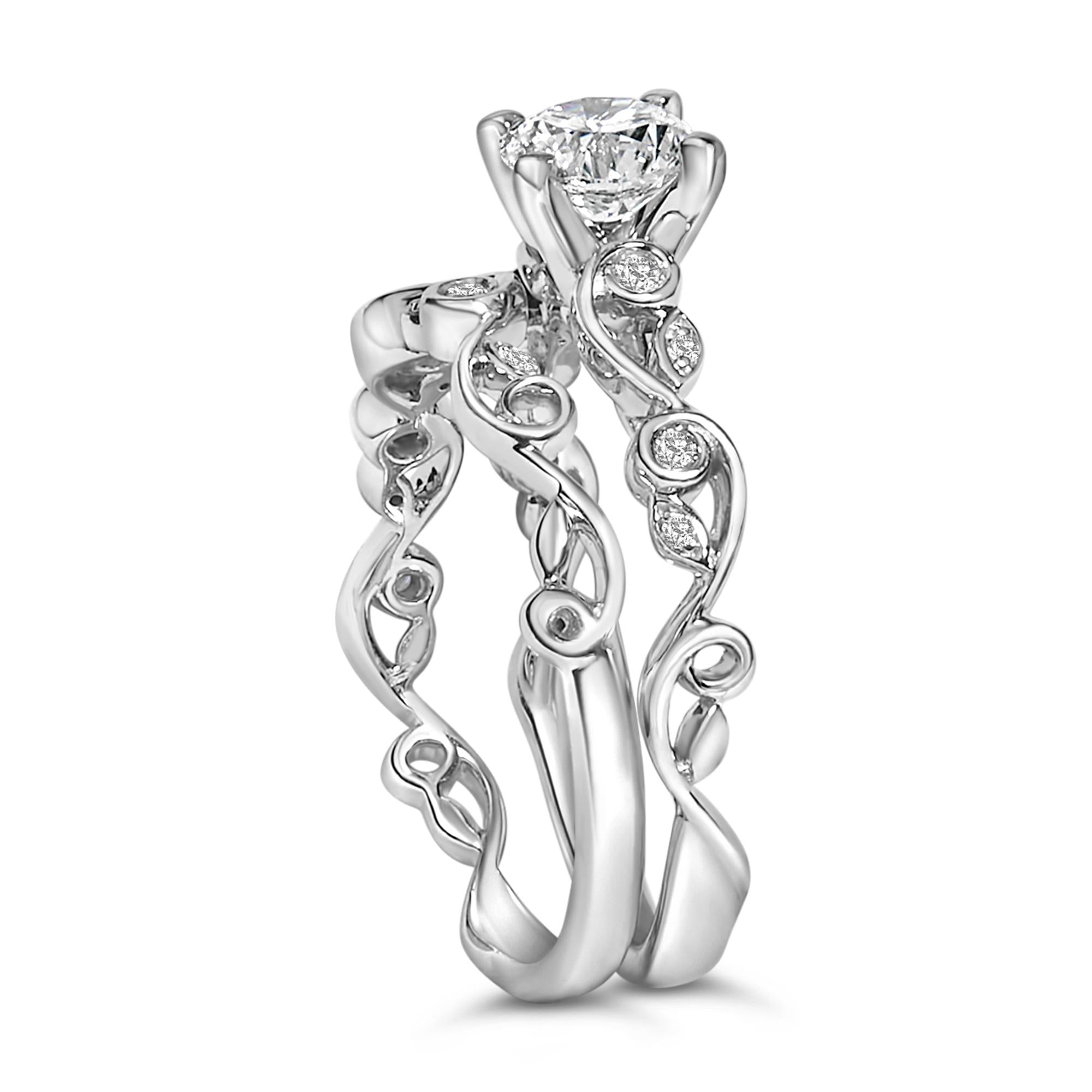 14K White Gold Lab Grown Diamond 1.0 Cttw Vintage Style Engagement Ring and Band Set - Friggin Jewelry