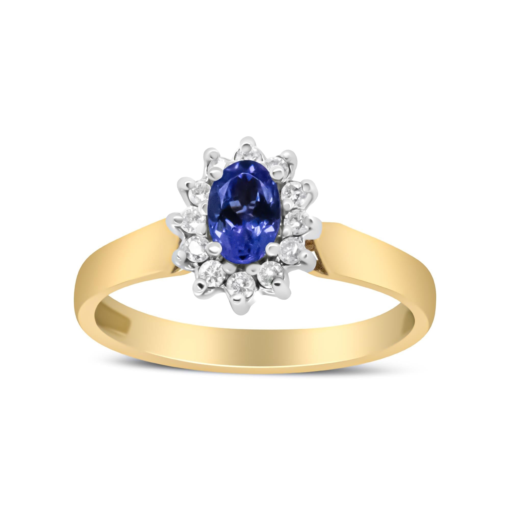 14K Yellow Gold 1/5 Cttw Round Diamond and 6x4mm Oval Blue Tanzanite Halo Ring (H-I Color, I1-I2 Clarity) - Friggin Jewelry