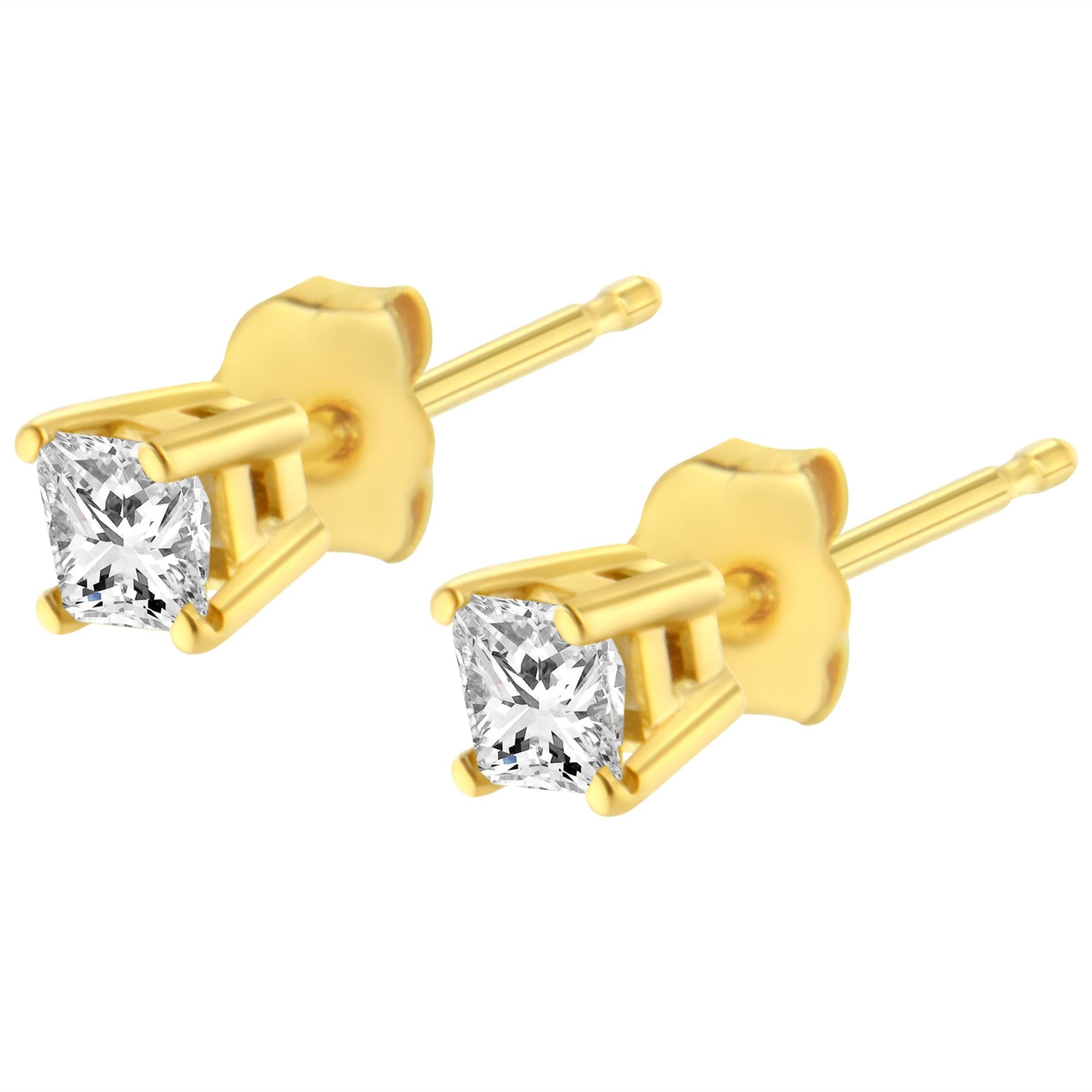 14K Yellow Gold 1/5 Cttw Princess-Cut Diamond Petite Classic Square Stud Earrings (I-J Color, I3 Clarity) - Friggin Jewelry