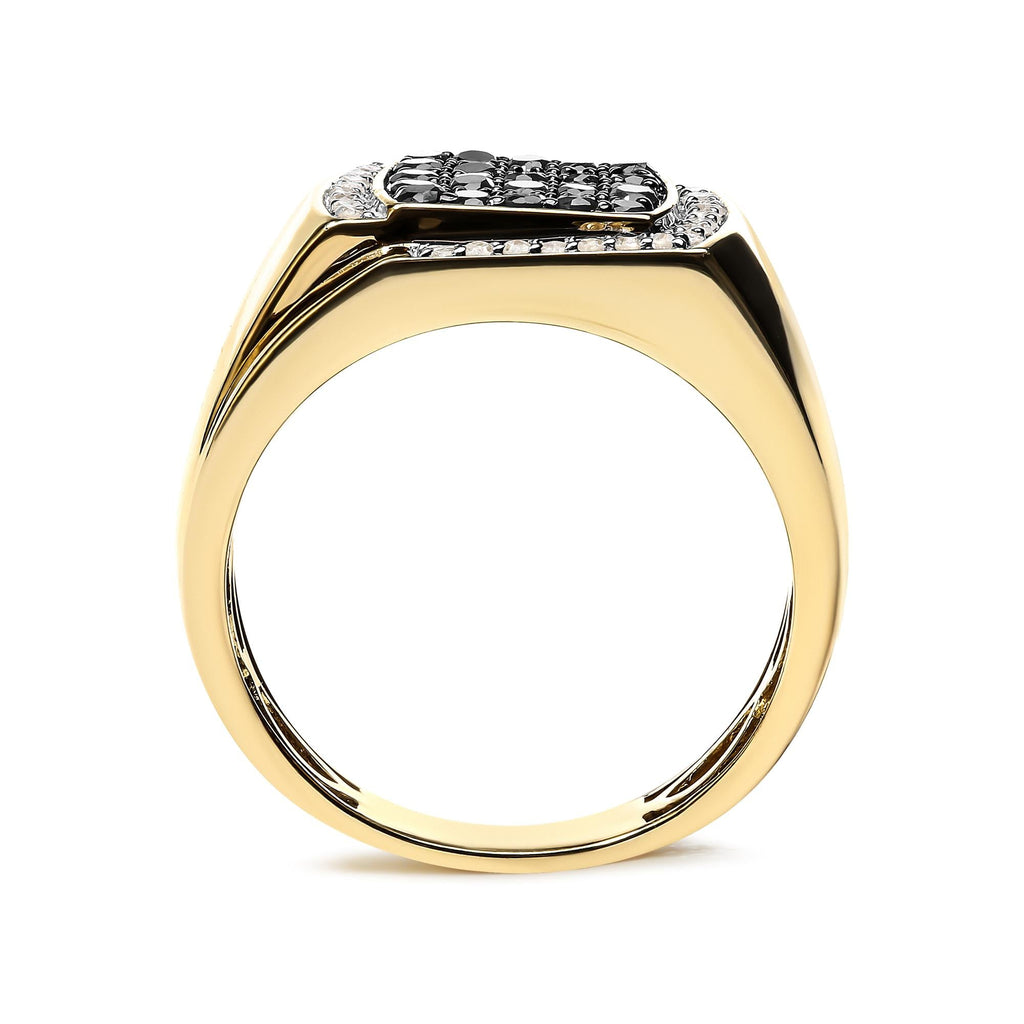 Men's 10K Yellow Gold 1.00 Cttw Cushion Cluster Black and White Diamond Statement Ring (I-J Color, I2-I3 Clarity) - Friggin Jewelry