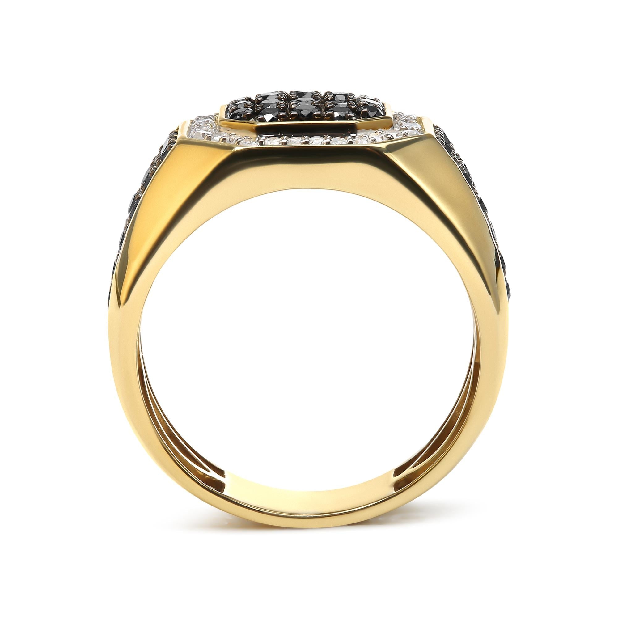 Men's 10K Yellow Gold 1 1/4 Cttw White and Treated Black Diamond Octagonal Halo Band Ring (I-J Color, I2-I3 Clarity) - Friggin Jewelry