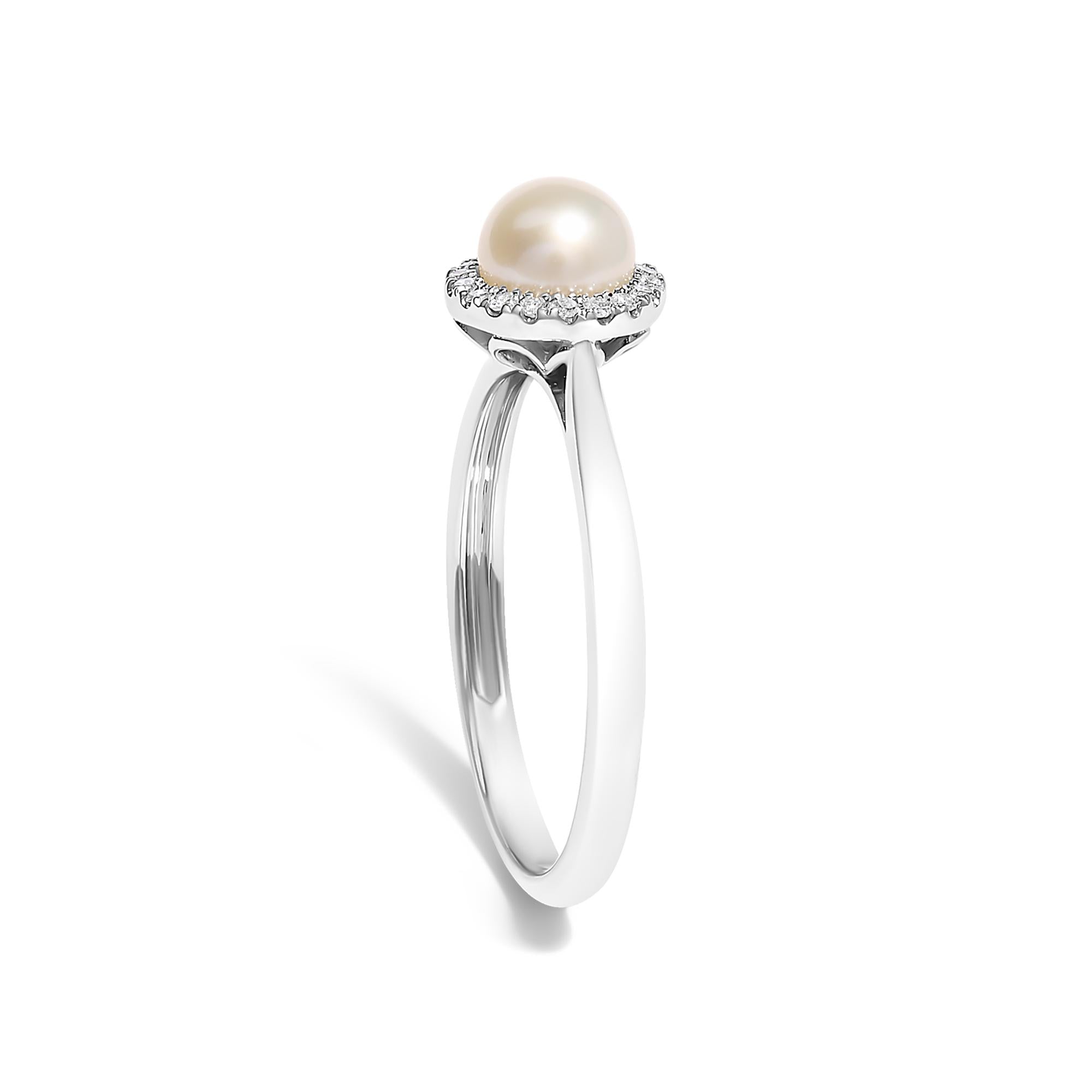 10K White Gold 5MM Cultured Freshwater Pearl  and Diamond Halo Ring (I-J Color, I1-I2 Clarity) - Friggin Jewelry