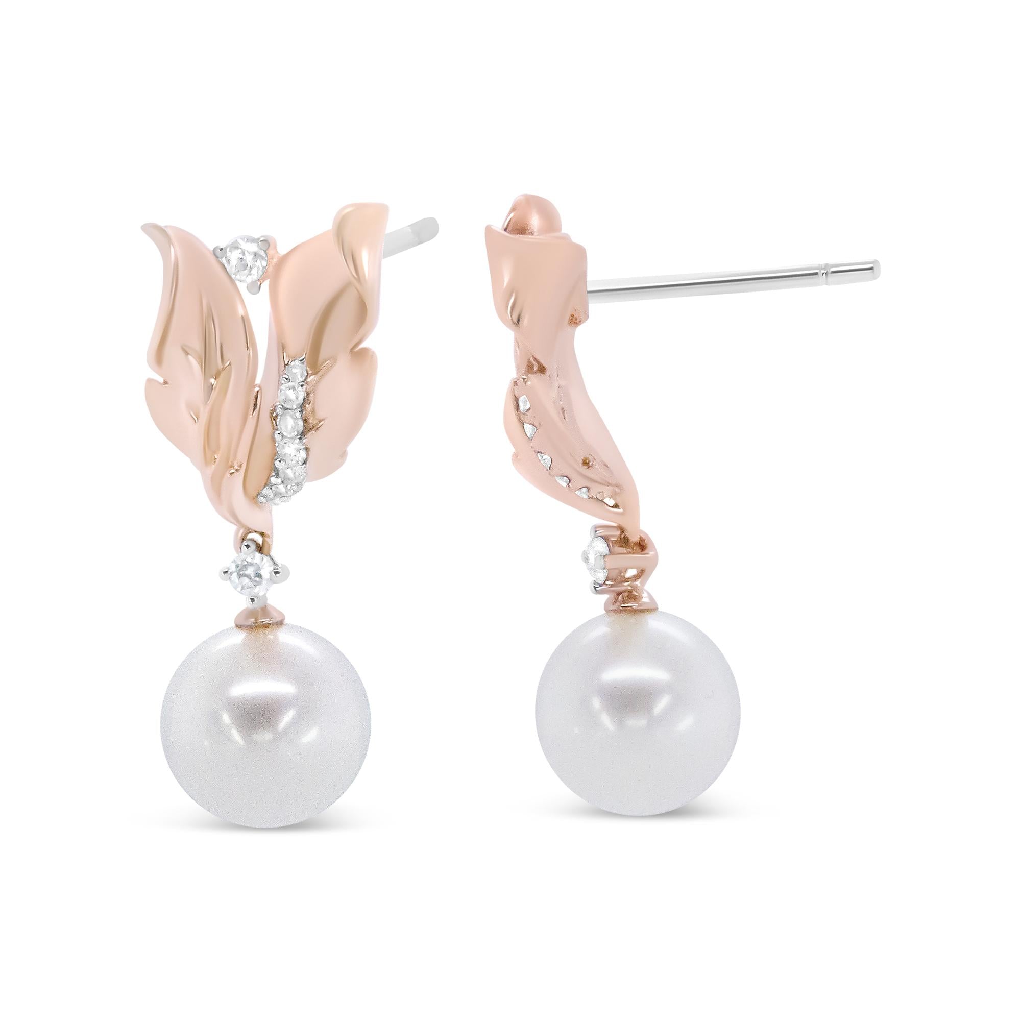 14K Rose Gold 1/6 Cttw Round Diamond and 8mm Round Pearl Floral Drop Stud Earrings (H-I Color, I1-I2 Clarity) - Friggin Jewelry
