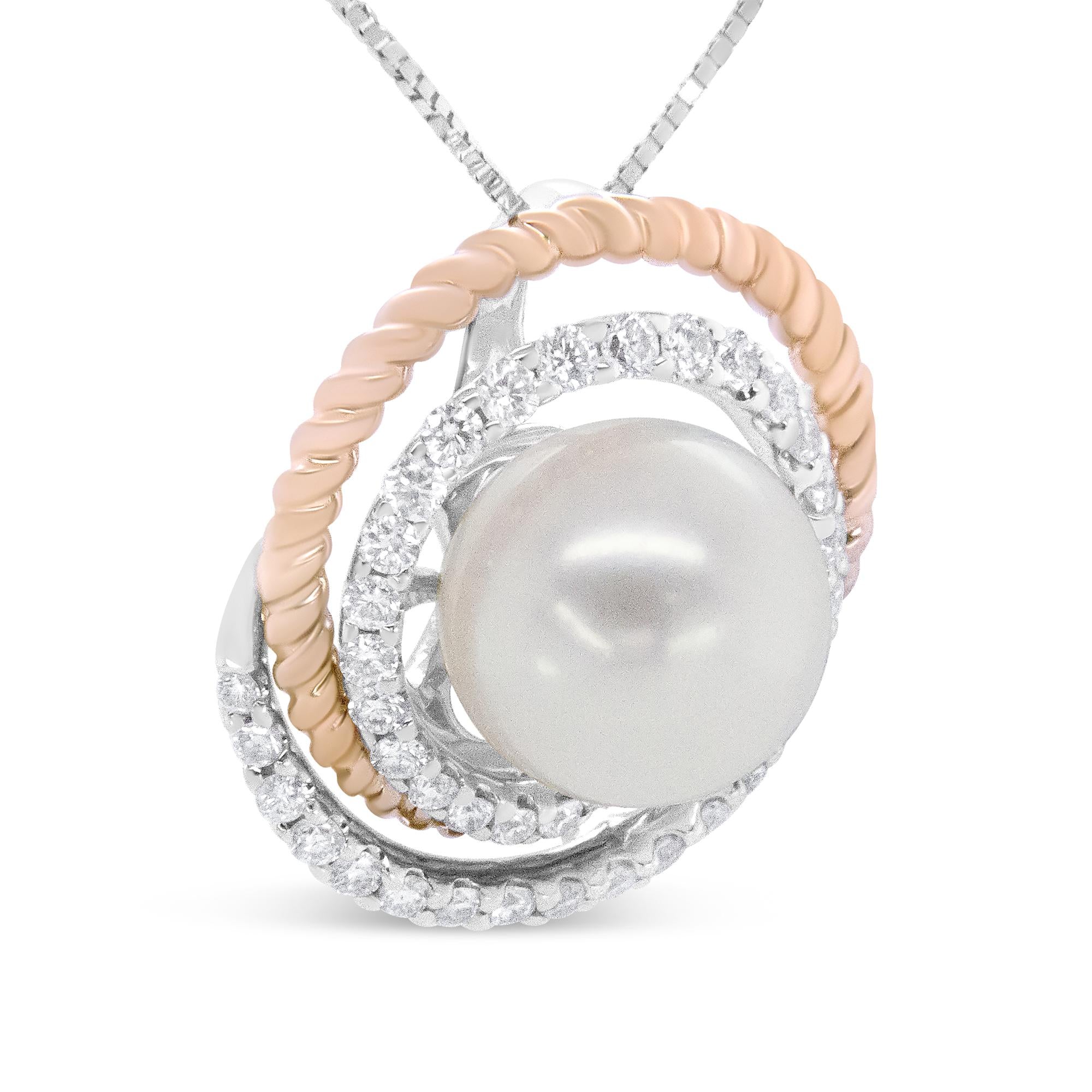 14K Rose and White Gold 3/8 Cttw Pave Diamond and 9mm Round Pearl Spiral Openwork 18" Pendant Necklace- (H-I Color, VS1-VS2 Clarity) - Friggin Jewelry Premium