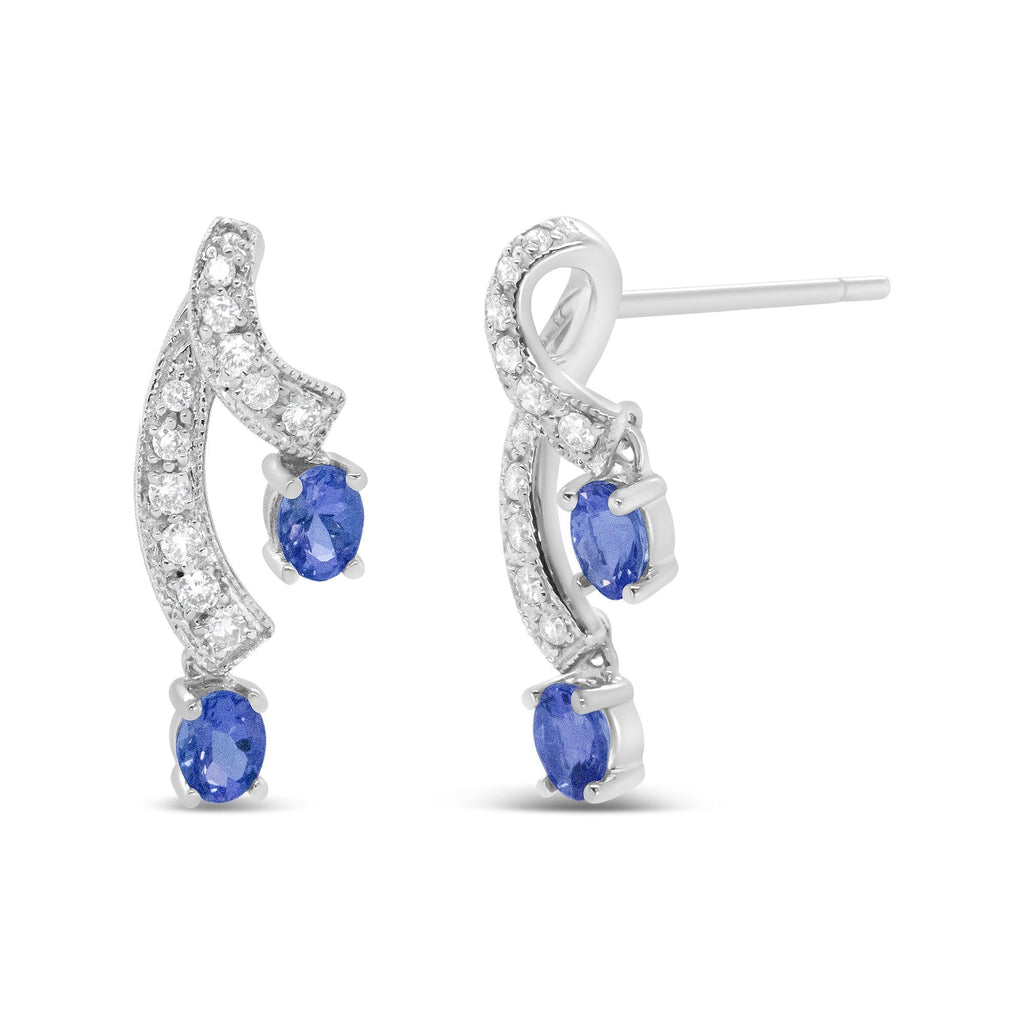 14K White Gold 4x3MM Oval Shaped Natural Blue Tanzanite Gemstone and 1/5 Cttw Diamond Double 3/4" Inch Drop Stud Earrings (H-I Color, VS1-VS2 Clarity) - Friggin Jewelry