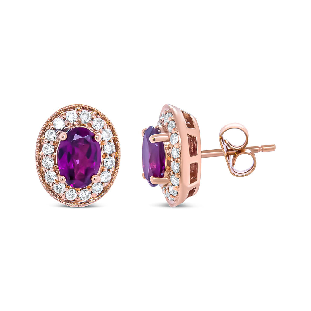 14K Rose Gold 7x5mm Oval Cut Garnet and 3/8 Cttw Round Diamond Halo Stud Earrings (G-H Color, SI1-SI2 Clarity) - Friggin Jewelry