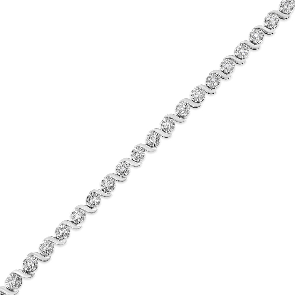 .925 Sterling Silver 1.0 Cttw Diamond Spiral Wave Curved-Link 7" Tennis Bracelet (I-J Color, I3 Clarity) - Friggin Jewelry