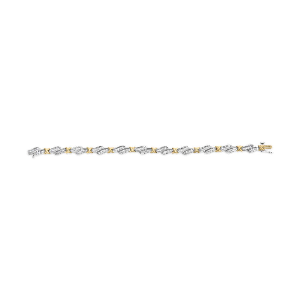 10k Two-Toned Gold 2.00 Cttw Channel Set Baguette-Diamond Weave and  "X" Spiral Link Bracelet (H-I Color, I1-I2 Clarity) - 7" - Friggin Jewelry