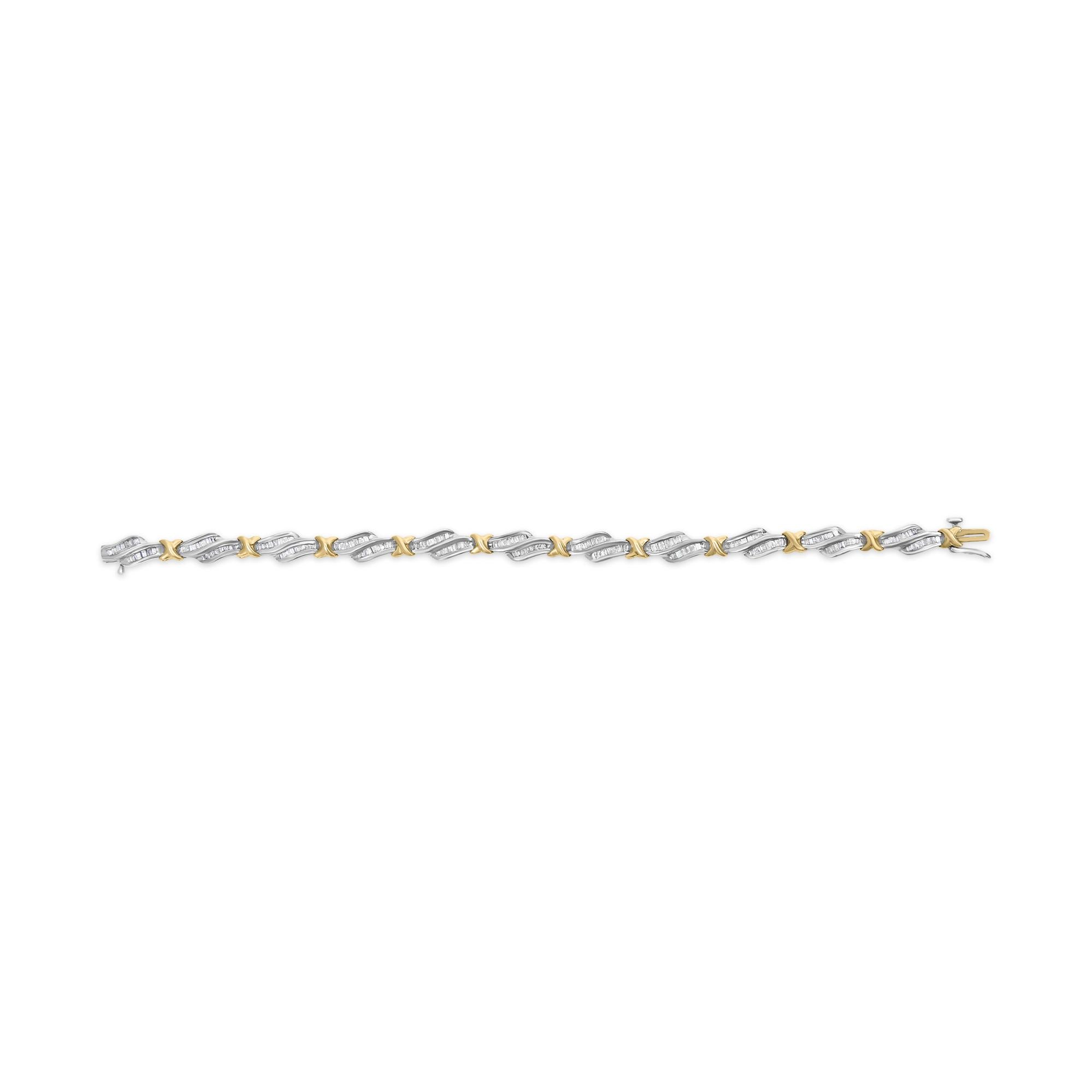 10k Two-Toned Gold 2.00 Cttw Channel Set Baguette-Diamond Weave and  "X" Spiral Link Bracelet (H-I Color, I1-I2 Clarity) - 7" - Friggin Jewelry