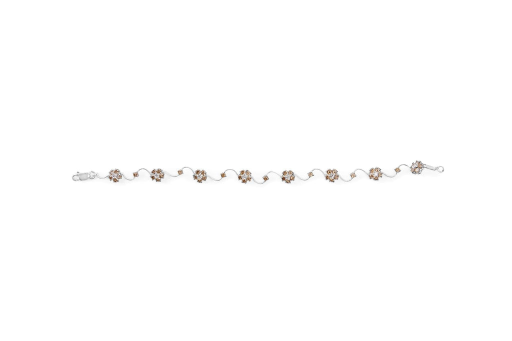 10K White Gold 4.0 Cttw Champagne and White Diamond Floral Cluster and Station Link Bracelet (H-I Color, SI2-I1 Clarity) - 7" Inches - Friggin Jewelry