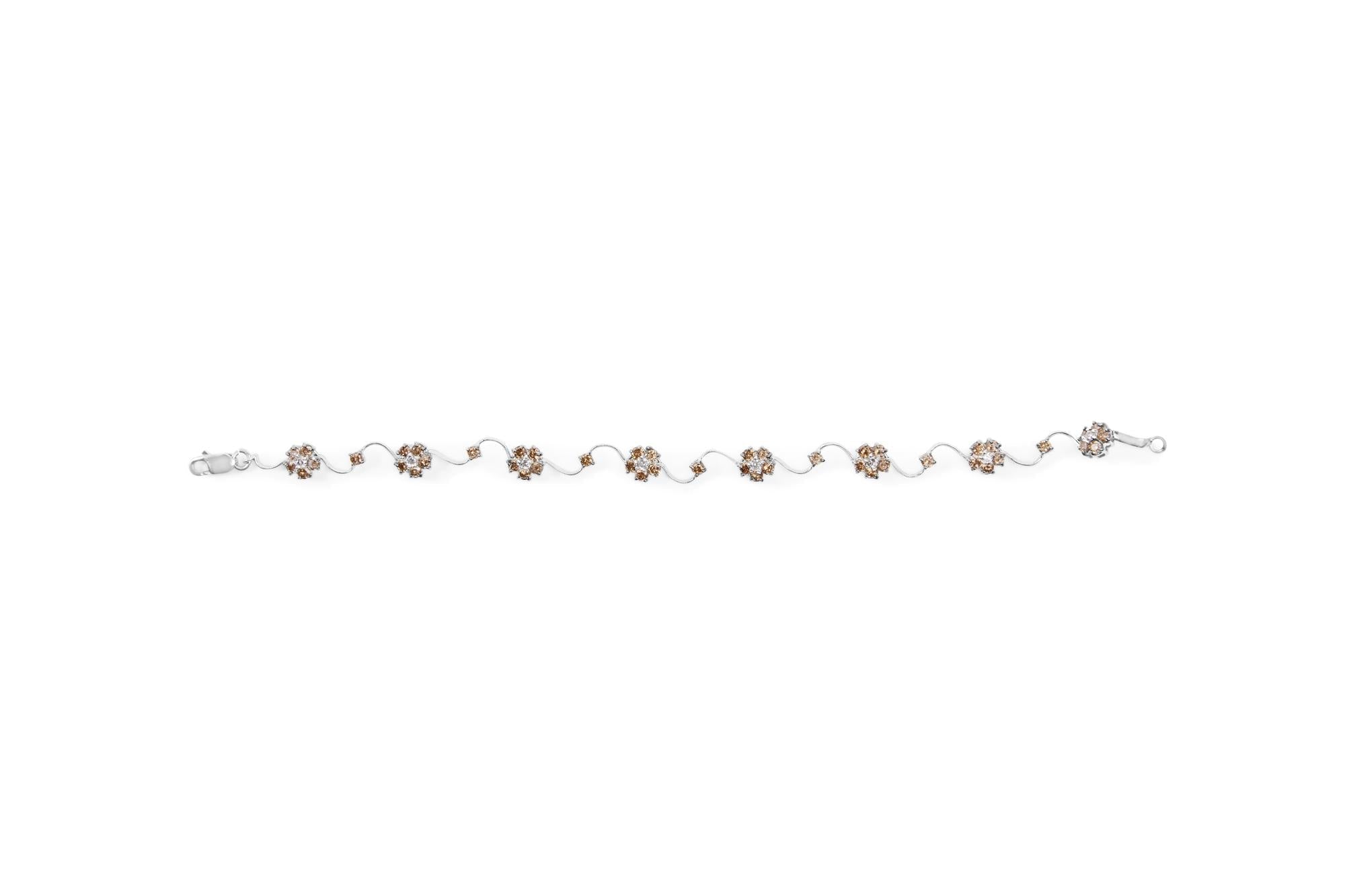 10K White Gold 4.0 Cttw Champagne and White Diamond Floral Cluster and Station Link Bracelet (H-I Color, SI2-I1 Clarity) - 7" Inches - Friggin Jewelry