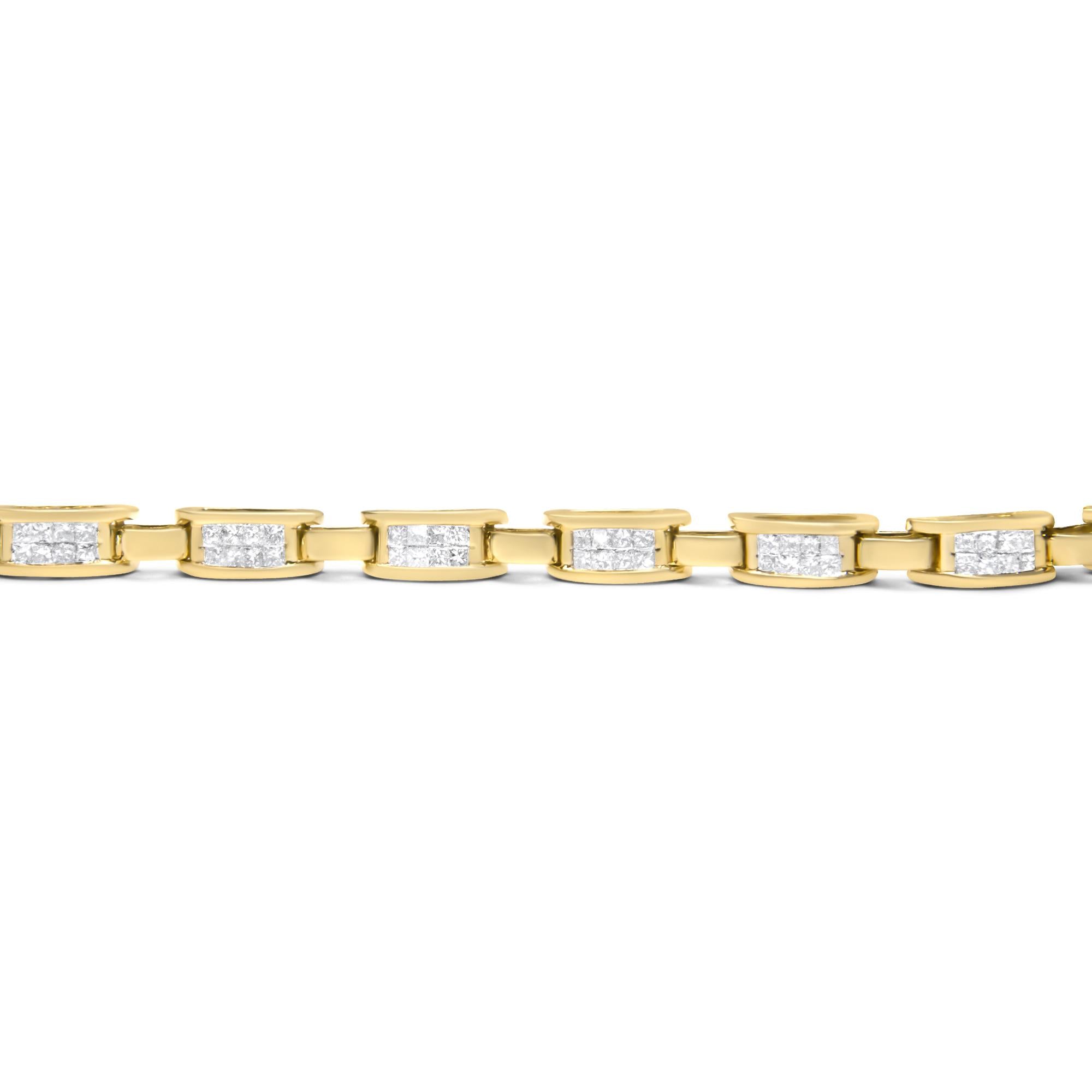 Bracciale a maglie rettangolari in oro giallo 10 carati con diamanti taglio principessa incastonati in modo invisibile da 2,0 ct (colore IJ, purezza SI2-I1) - 7" - Friggin Jewelry