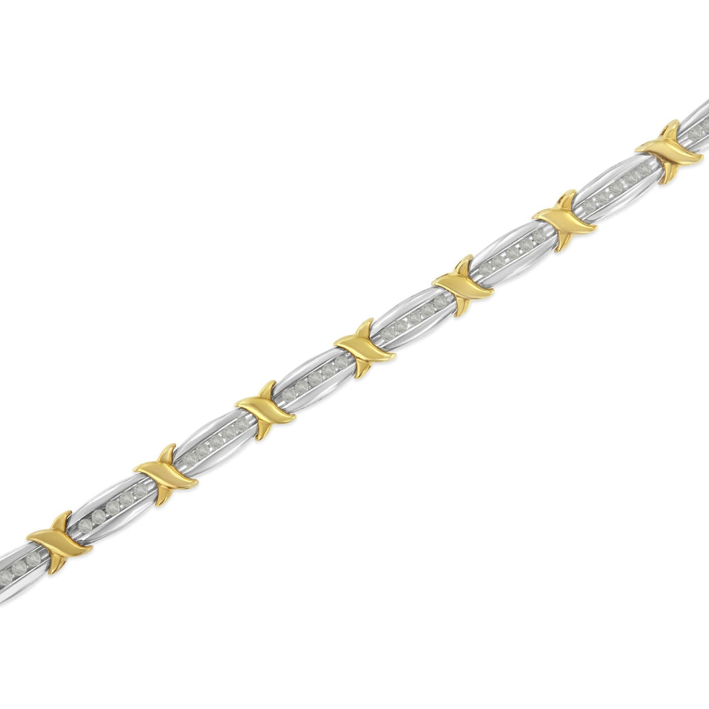 Two-Tone 10K Yellow Gold over .925 Sterling Silver 1.0 Cttw Diamond Channel Set Tapered & X-Link 7" Tennis Bracelet (H-I Color, I2-I3 Clarity) - Friggin Jewelry