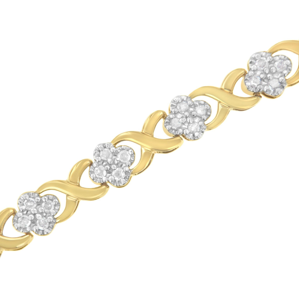 10K Yellow Gold over .925 Sterling Silver 1.0 Cttw Diamond Cluster X Link Tennis Link Bracelet (H-I Color, I3 Clarity) - 7" - Friggin Jewelry