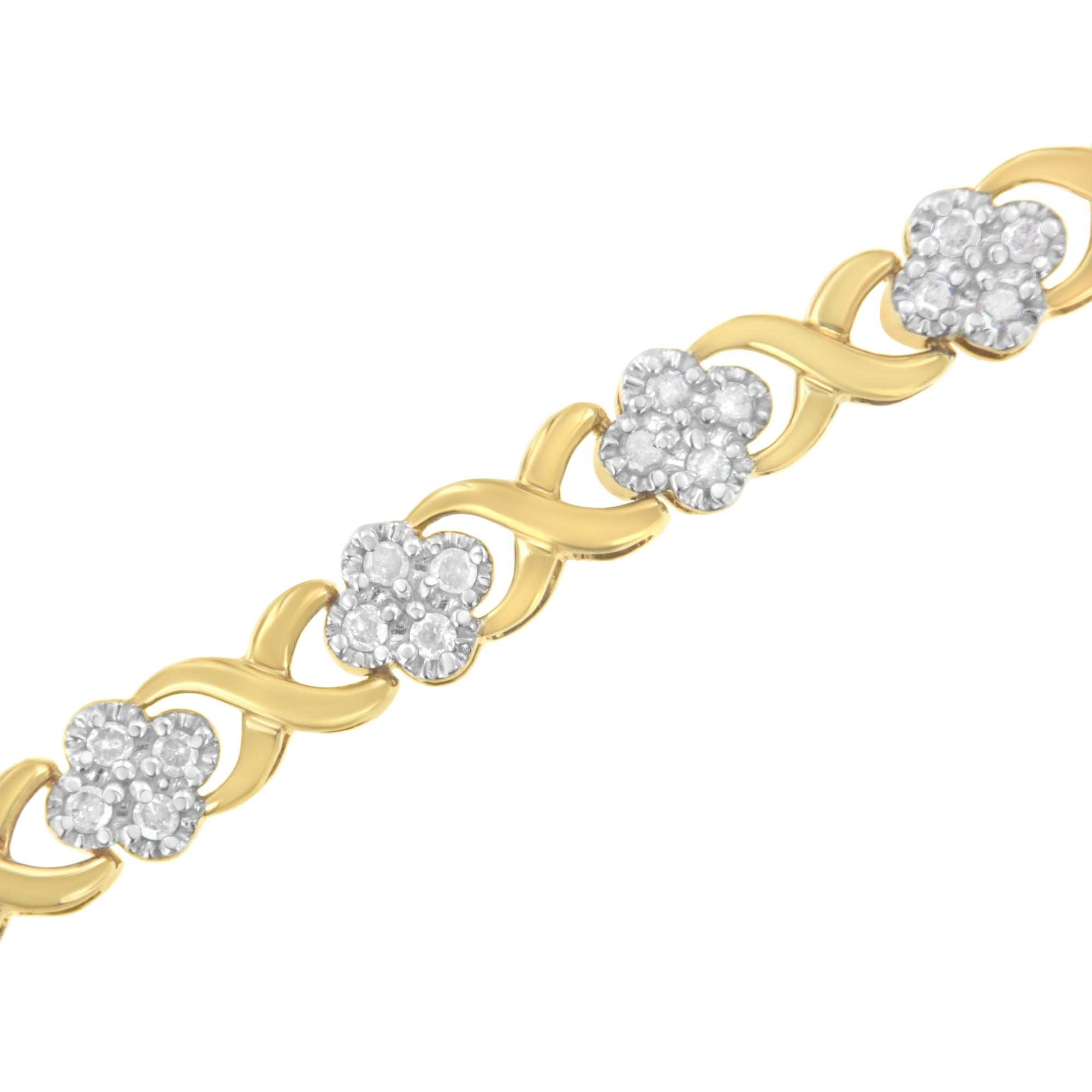 Pulsera de tenis con eslabones en X de oro amarillo de 10 quilates sobre plata de ley 925 con diamantes de 1,0 quilates (color HI, claridad I3) - 18 cm - Friggin Jewelry