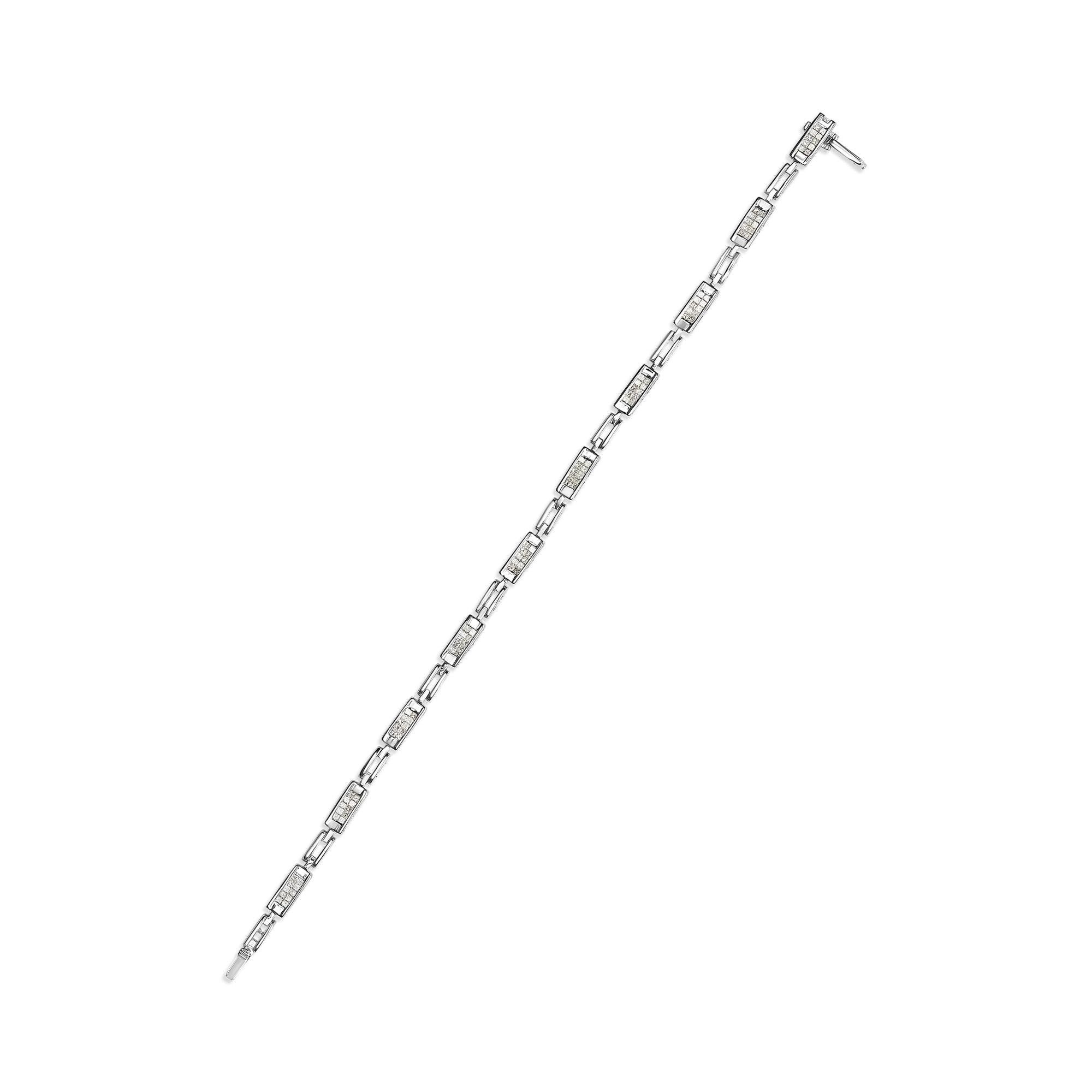 Pulsera de tenis de oro blanco de 14 quilates con diamantes de talla princesa engastados invisibles de 1,0 quilates y eslabones alternados (color IJ, claridad I1-I2) - 7,25" - Friggin Jewelry