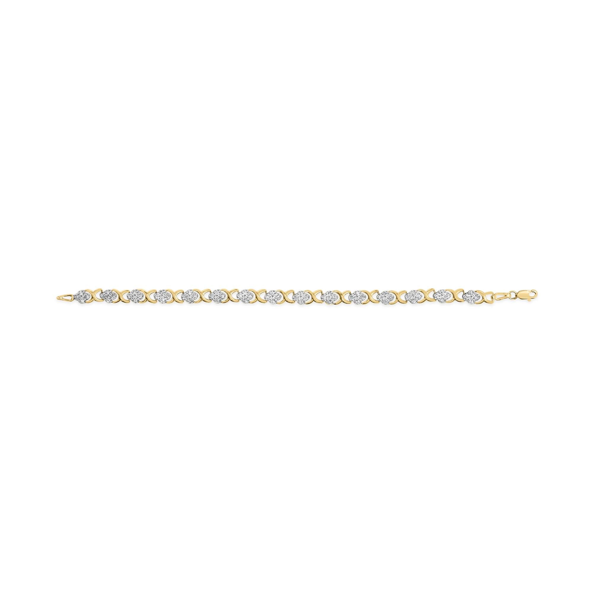 10K Yellow Gold 1.00 Cttw Diamond 5 Stone Floral Cluster and "X" Link 7" Bracelet (I-J Color, I3 Clarity) - Friggin Jewelry