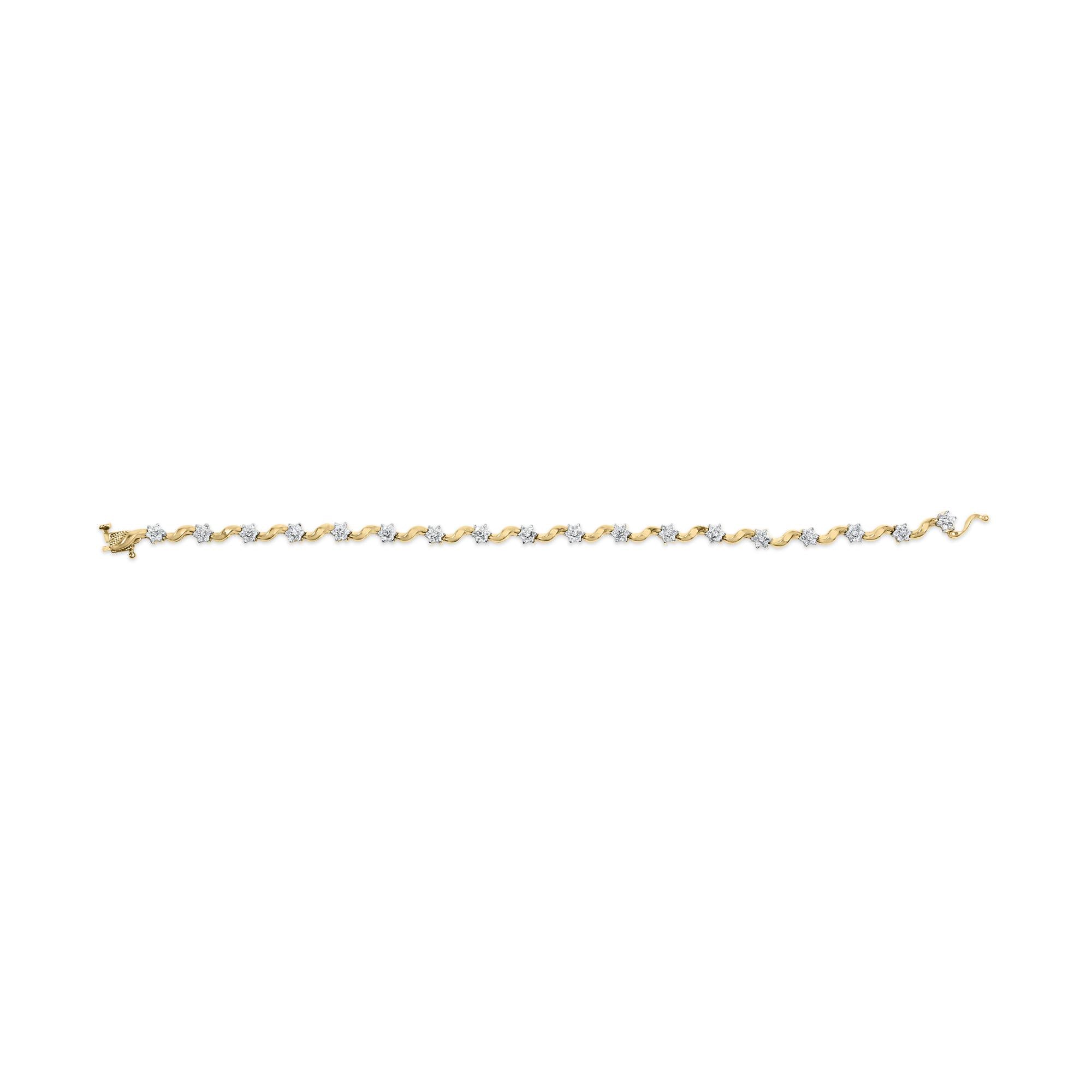 Pulsera de oro amarillo de 10 k con diamantes de talla redonda de 1,00 ct y eslabones florales de 7,50" (color IJ, claridad I2-I3) - Friggin Jewelry