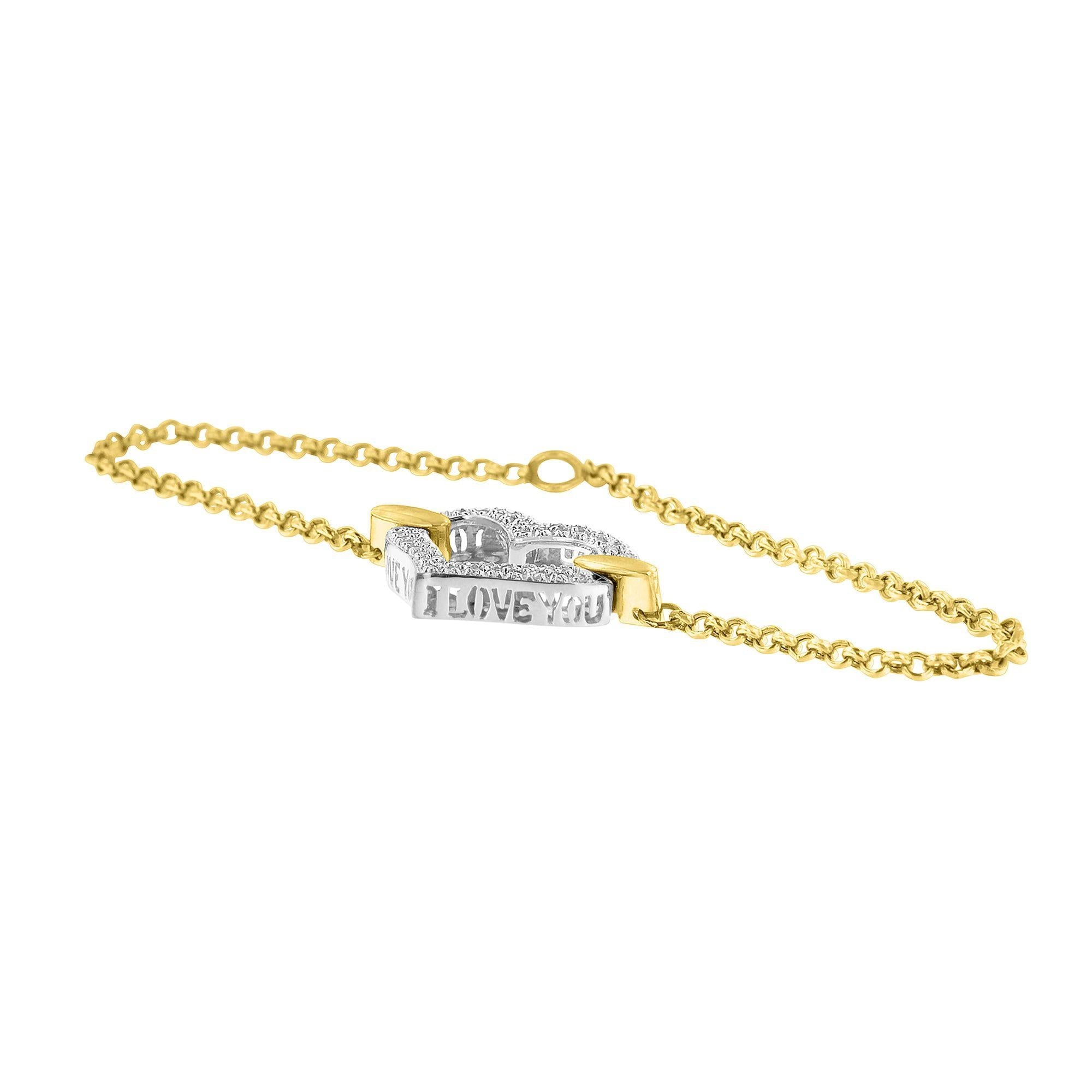 10K Two Tone Gold 1/4 Cttw Diamond Encrusted Heart Charm 7" Bracelet (H-I Color, I1-I2 Clarity) - Friggin Jewelry
