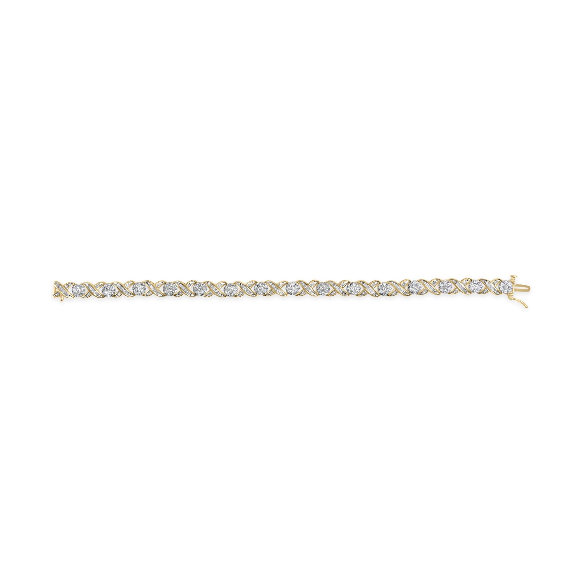 Bracciale "XOXO" in oro giallo 10 carati con diamanti taglio rotondo e taglio baguette da 3,00 ct, motivo floreale, 7,50" (colore JK, purezza I1-I2) - Friggin Jewelry