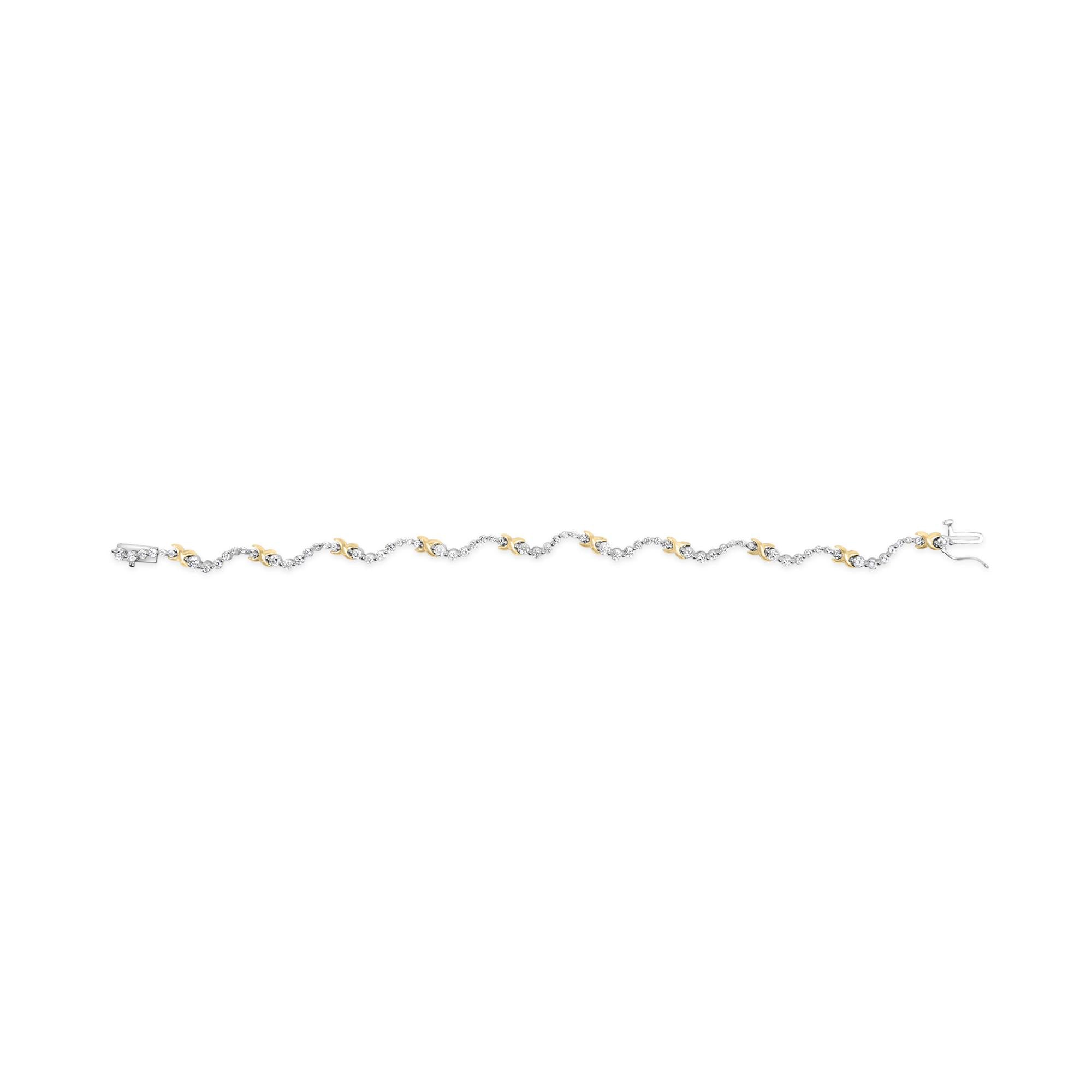 10K Two-Tone 2.00 Cttw Diamond "X" and Wave Link Bracelet (H-I Color, I1-I2 Clarity) - 7" Inches - Friggin Jewelry