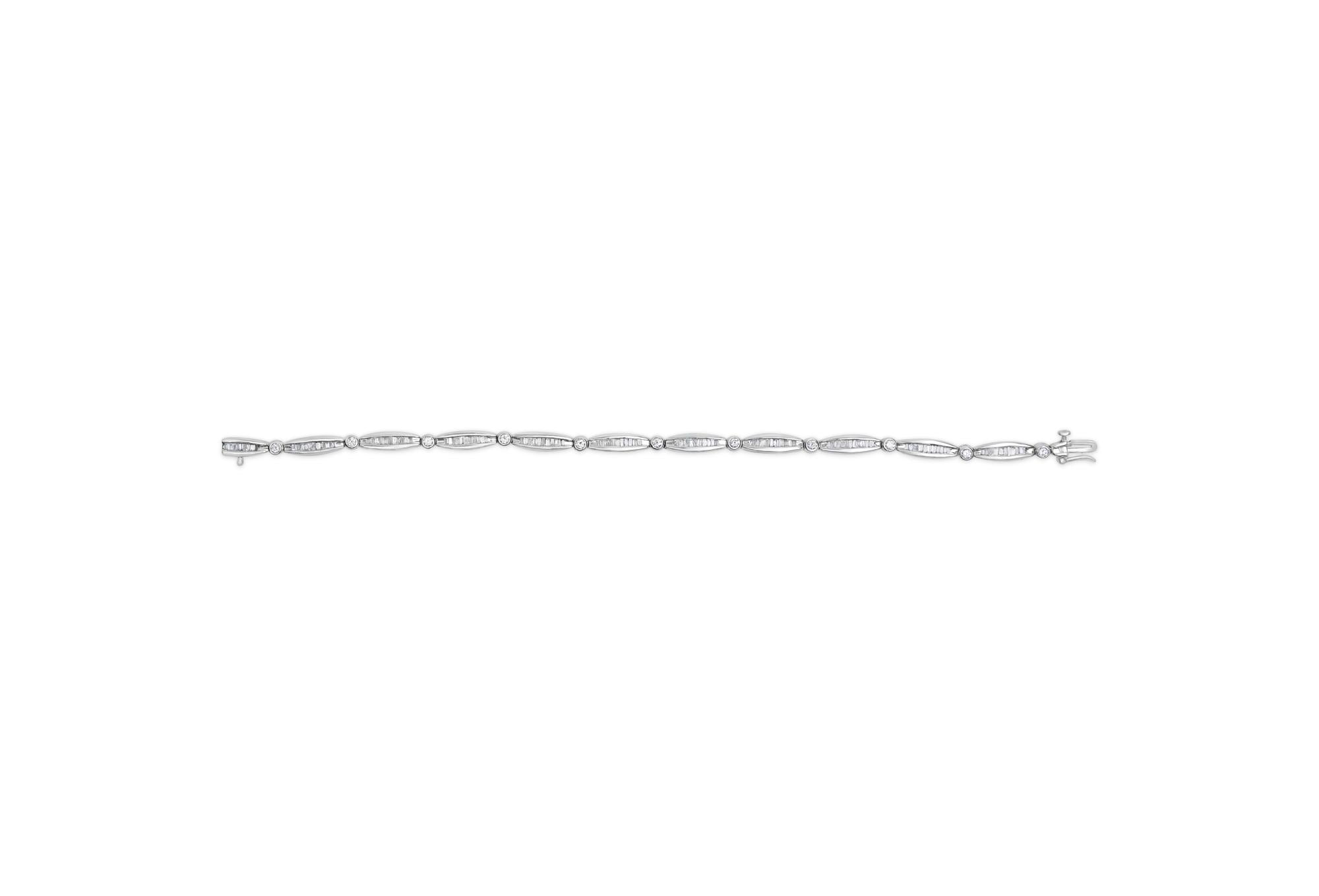 14K White Gold 1-1/2 Cttw Round Brilliant-Cut & Baguette Cut Diamond Bezel and Tapered Link 7" Tennis Bracelet (H-I Color, I1-I2 Clarity) - Friggin Jewelry
