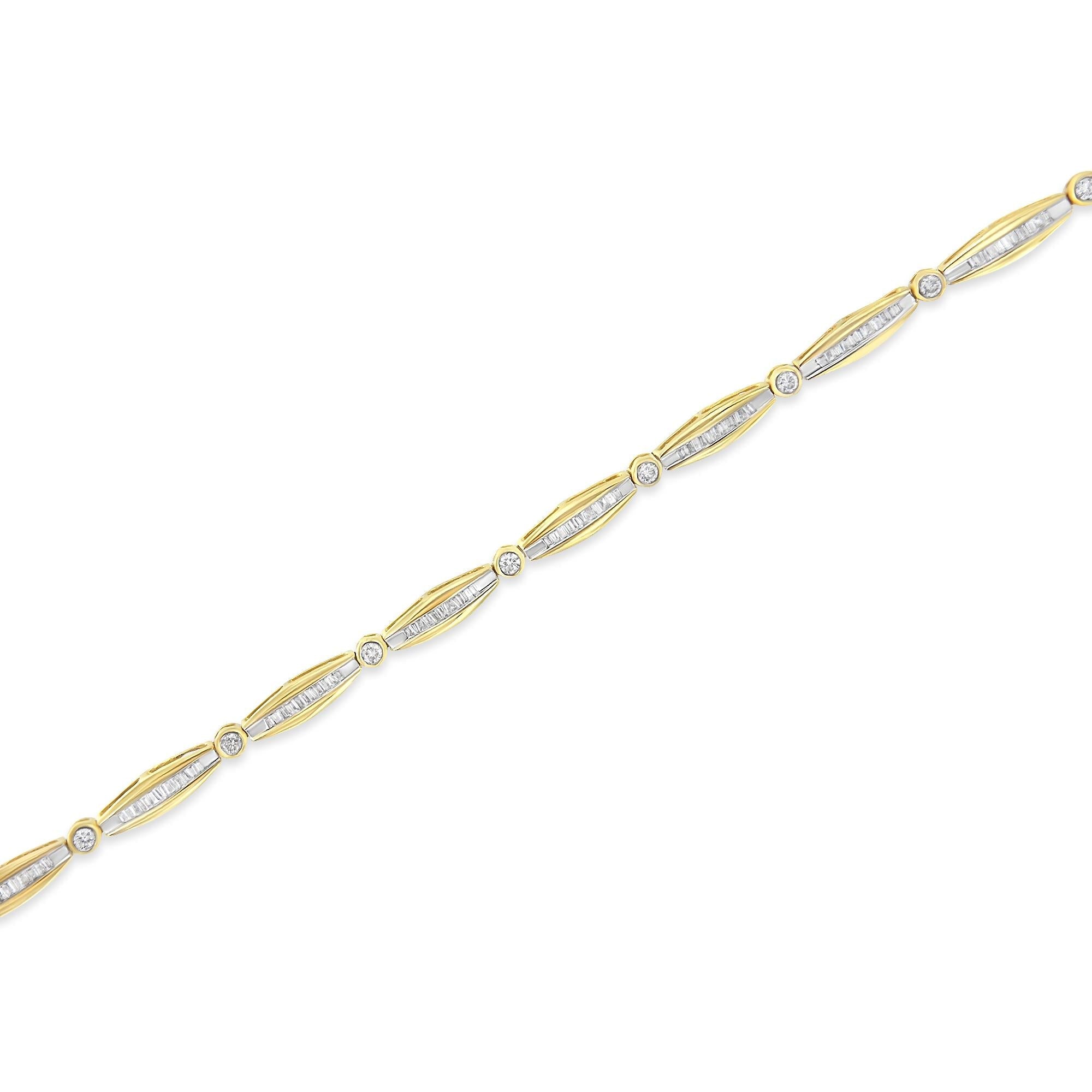 14K Yellow Gold 1-1/2 Cttw Round Brilliant-Cut & Baguette Cut Diamond Bezel and Tapered Link 7" Tennis Bracelet (H-I Color, I1-I2 Clarity) - Friggin Jewelry