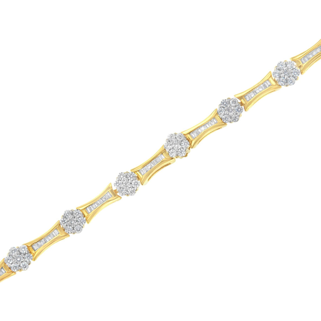 Pulsera de oro amarillo y blanco de 10 quilates con eslabones de diamantes redondos y talla baguette de 2,00 cts (color IJ, claridad I2-I3) - Talla 7,25" - Friggin Jewelry