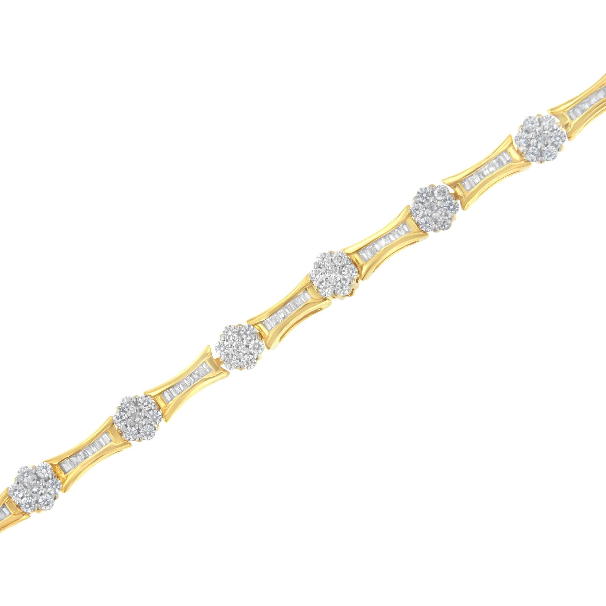 10K Yellow and White Gold 2.00 cttw Round and Baguette-Cut Diamond Link Bracelet (I-J Color, I2-I3 Clarity) - Size 7.25" - Friggin Jewelry