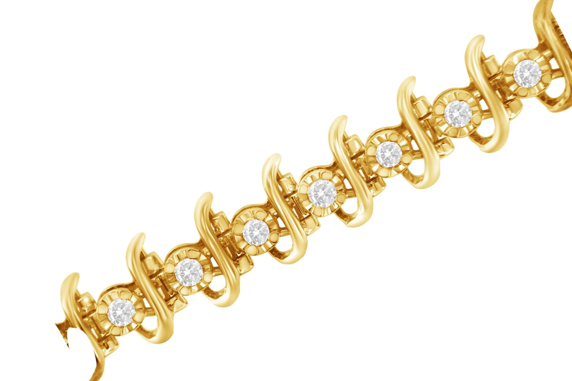 Pulsera de eslabones de diamantes engastados en garras de 1 ct en plata esterlina 925 bañada en oro amarillo de 10 kt (JK, I1-I2) - 7,5" - Friggin Jewelry