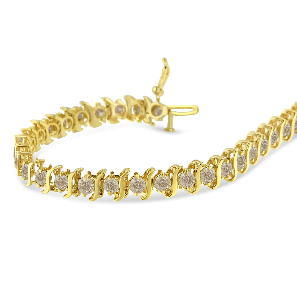 10K Yellow Gold Plated .925 Sterling Silver 7.0 cttw 2-Prong Set Round Brilliant Cut Diamond "S" Link Bracelet (J-K color, I1-I2 clarity) - 7" - Friggin Jewelry