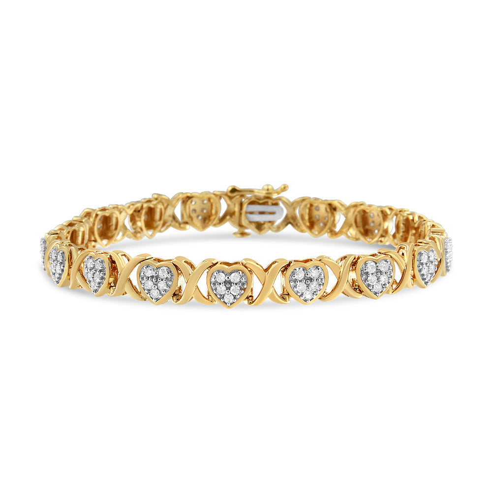 Pulsera de plata de ley 925 bañada en oro amarillo de 14 quilates con corazón de diamantes y eslabones en forma de X de 1,00 quilates (color IJ, claridad I3) - 7,25 pulgadas - Friggin Jewelry
