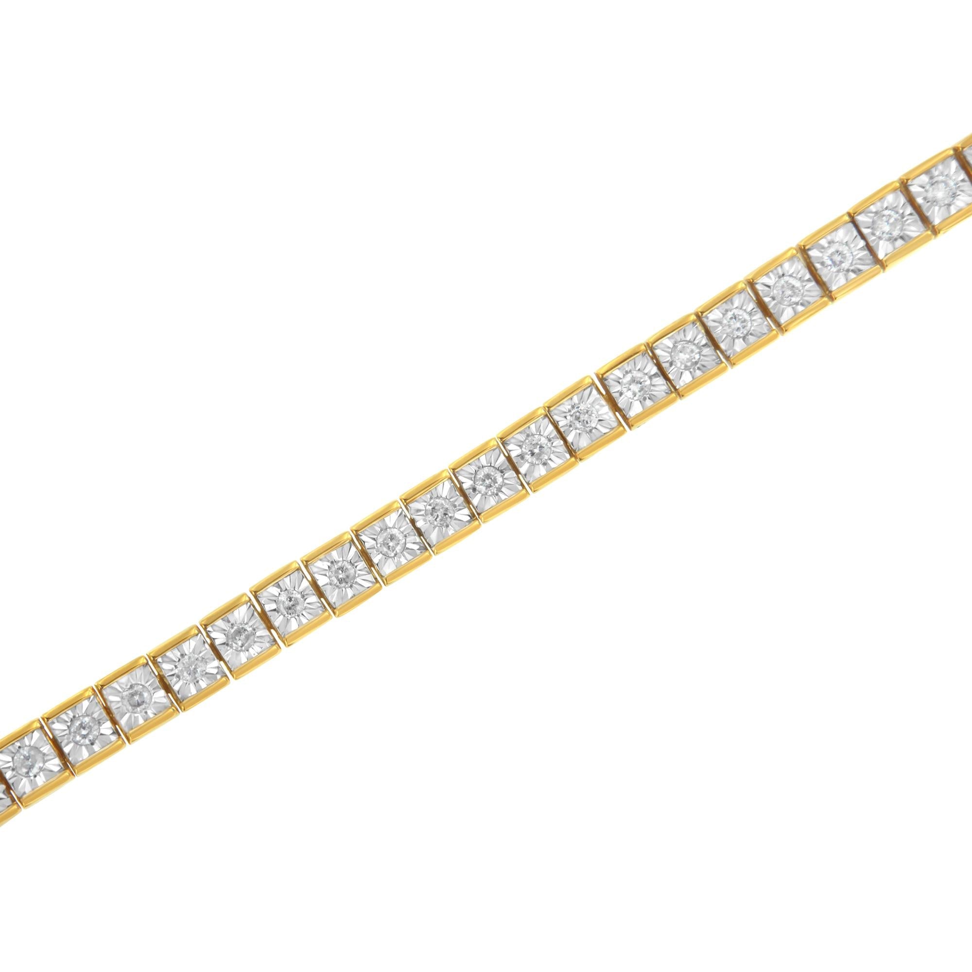 Pulsera de tenis de plata de ley 925 bañada en oro amarillo de 14 quilates con diamantes de 1,0 quilates y milgrain (color IJ, claridad I2-I3) - 18 cm - Friggin Jewelry