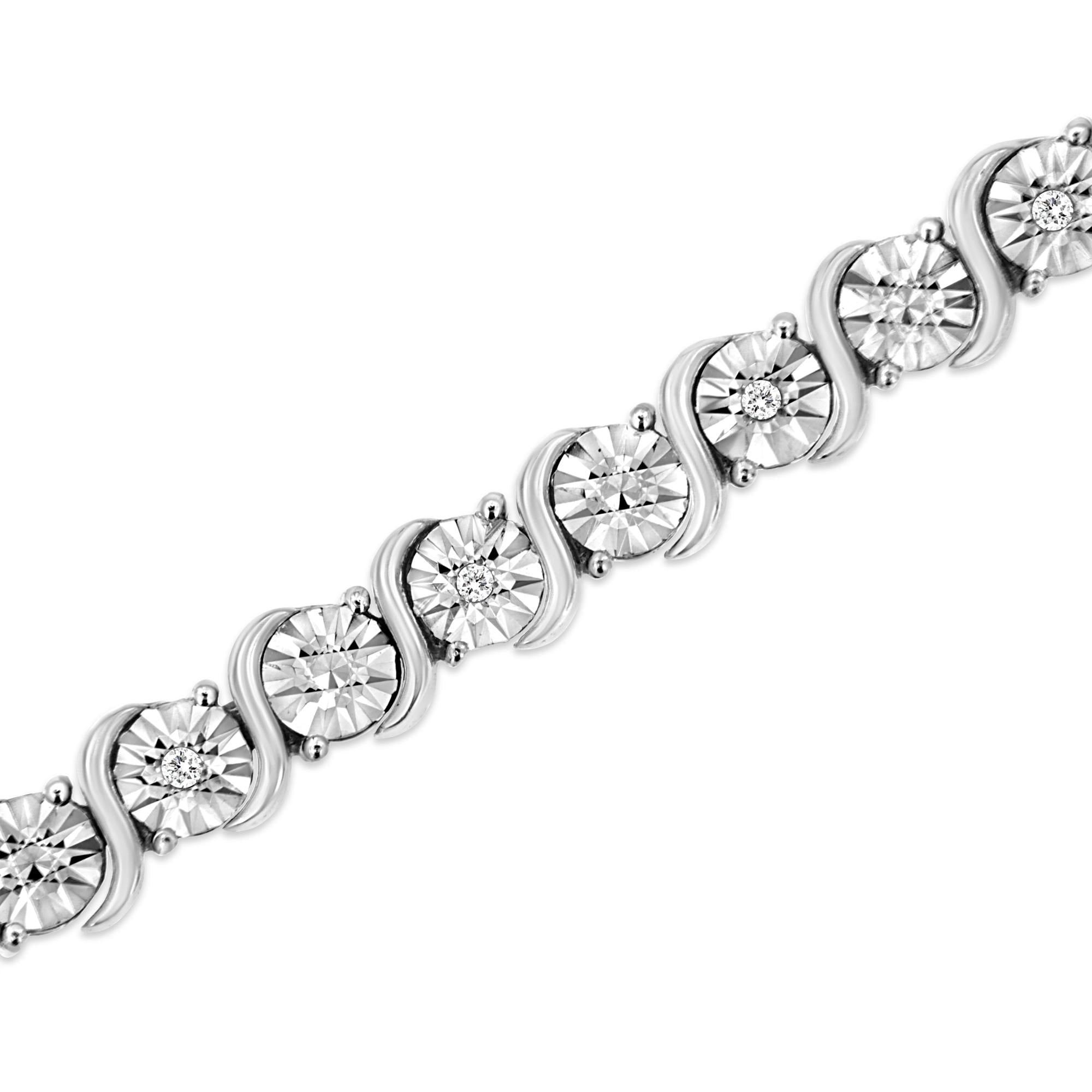 .925 Sterling Silver 1/10 Cttw Diamond Round Miracle Plate and "S" Link Tennis Bracelet (I-J Color, I2- I3 Clarity) - 7" - Friggin Jewelry