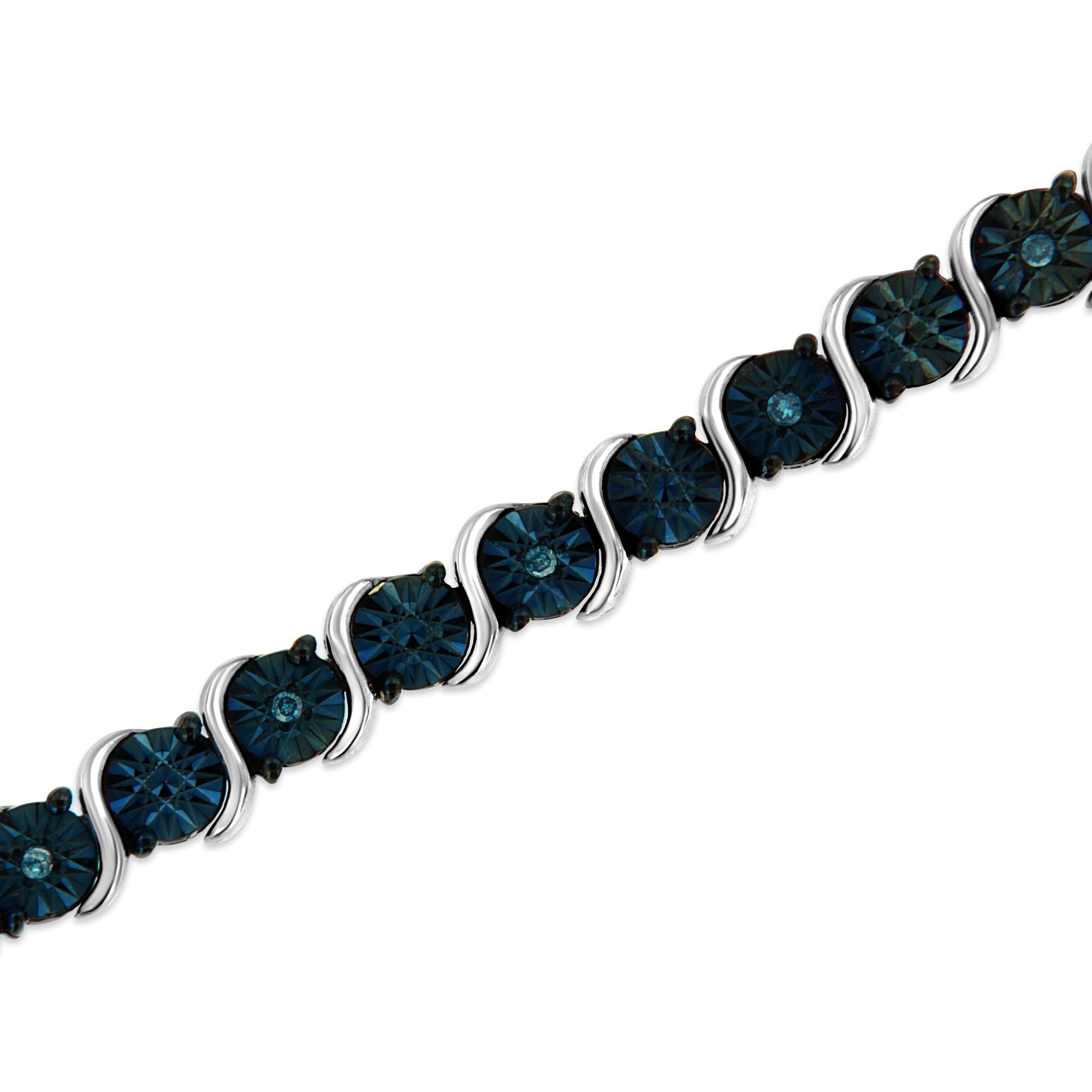 .925 Sterling Silver 1/10 Cttw Miracle-Set Treated Blue Color Diamond Miracle Plate "S" Link Tennis Bracelet (Blue Color, I2- I3 Clarity) - 7.25" - Friggin Jewelry