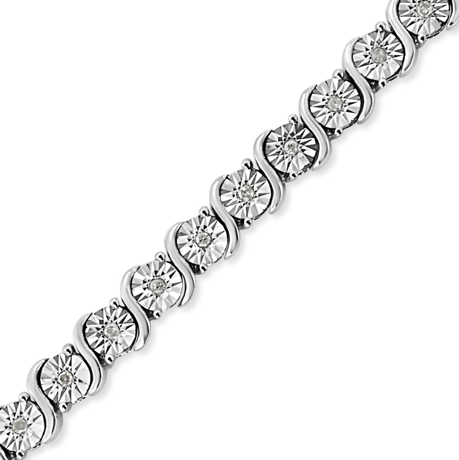 .925 Sterling Silver 1/4 Cttw Diamond Round Miracle Plate and "S" Link Tennis Bracelet (I-J Color, I2- I3 Clarity) - 7" - Friggin Jewelry
