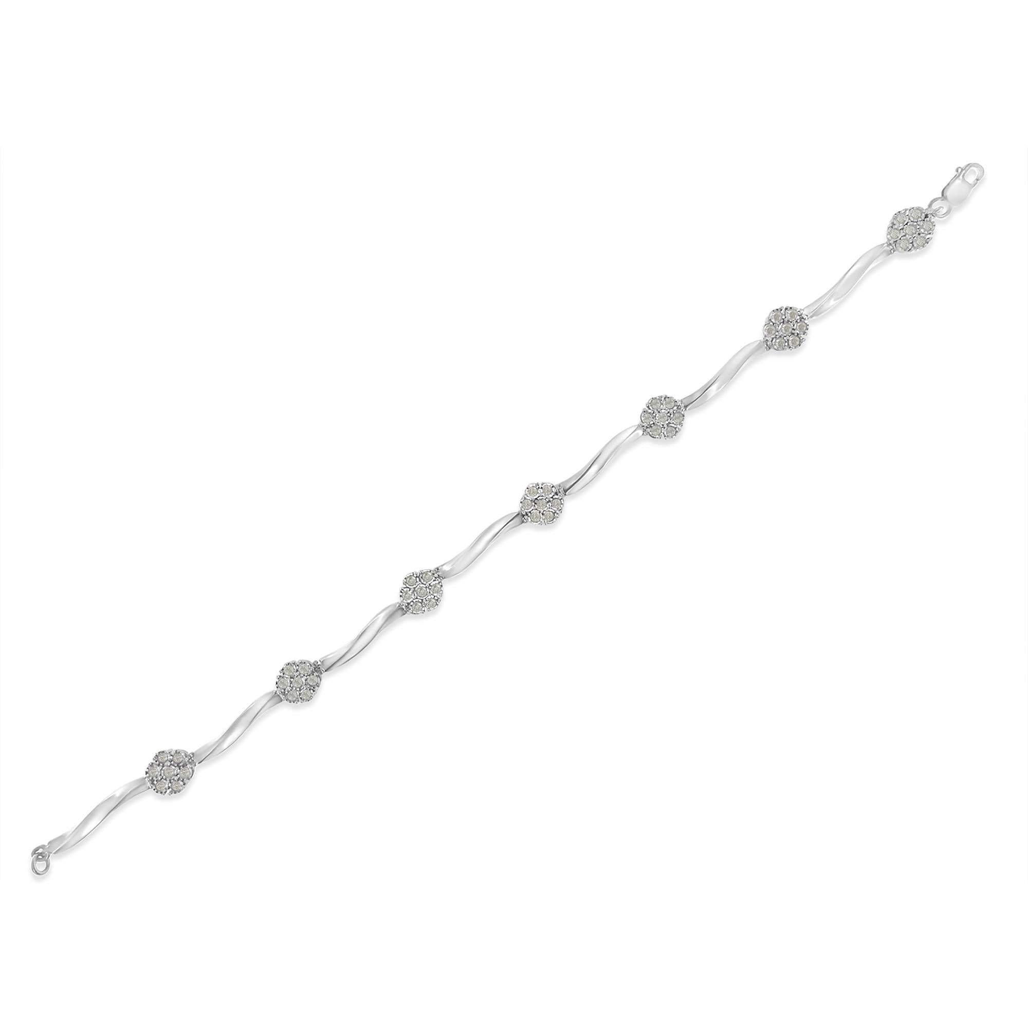 .925 Sterling Silver 1.0 cttw Miracle-Set Diamond 7 Stone Floral Cluster Link Bracelet (I-J Color, I3 Clarity) -7" - Friggin Jewelry