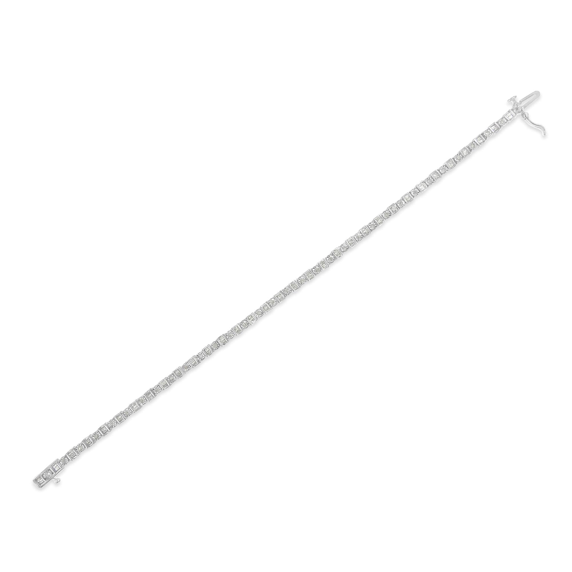 Pulsera de tenis de 18 cm con diamantes de talla baguette y redondos de 1,0 ct en plata de ley 925 (color IJ, claridad I3) - Friggin Jewelry