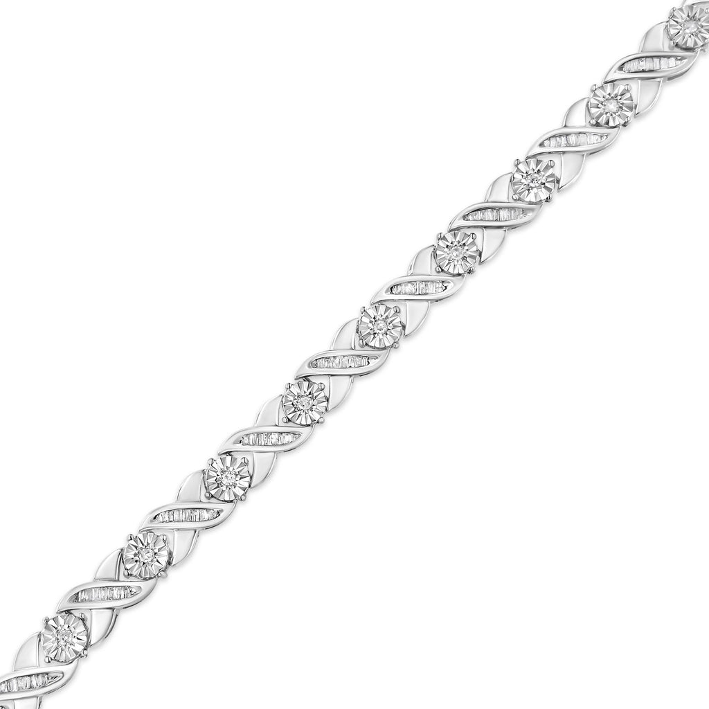 .925 Sterling Silver 1.0 Cttw Round-Brilliant and Baguette Cut Diamond Miracle-Set X-Link 7" Tennis Bracelet (I-J Color, I2-I3 Clarity) - Friggin Jewelry