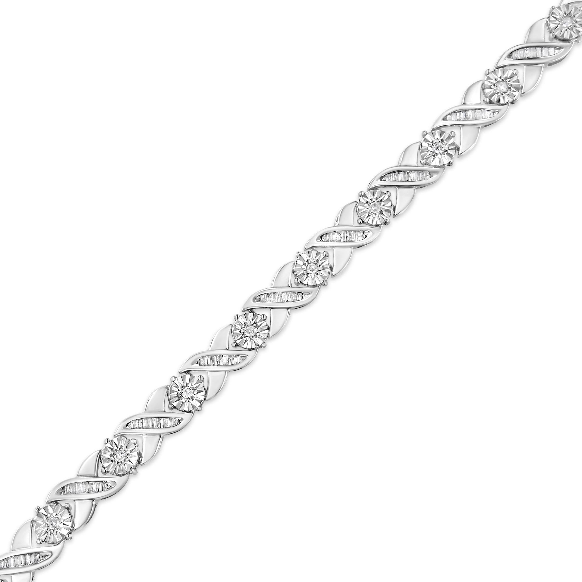 .925 Sterling Silver 1.0 Cttw Round-Brilliant and Baguette Cut Diamond Miracle-Set X-Link 7" Tennis Bracelet (I-J Color, I2-I3 Clarity) - Friggin Jewelry