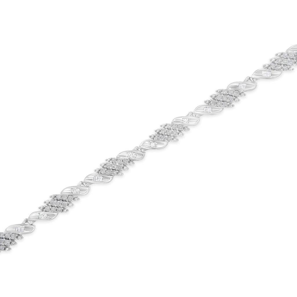 .925 Sterling Silver 1-1/2 Cttw Round and Baguette Cut Diamond Wave Link Bracelet (I-J Color, I2-I3 Clarity) - 7" - Friggin Jewelry