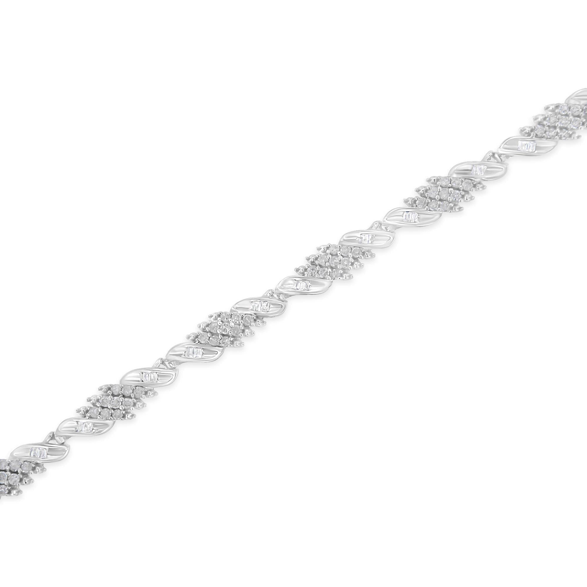 .925 Sterling Silver 1-1/2 Cttw Round and Baguette Cut Diamond Wave Link Bracelet (I-J Color, I2-I3 Clarity) - 7" - Friggin Jewelry