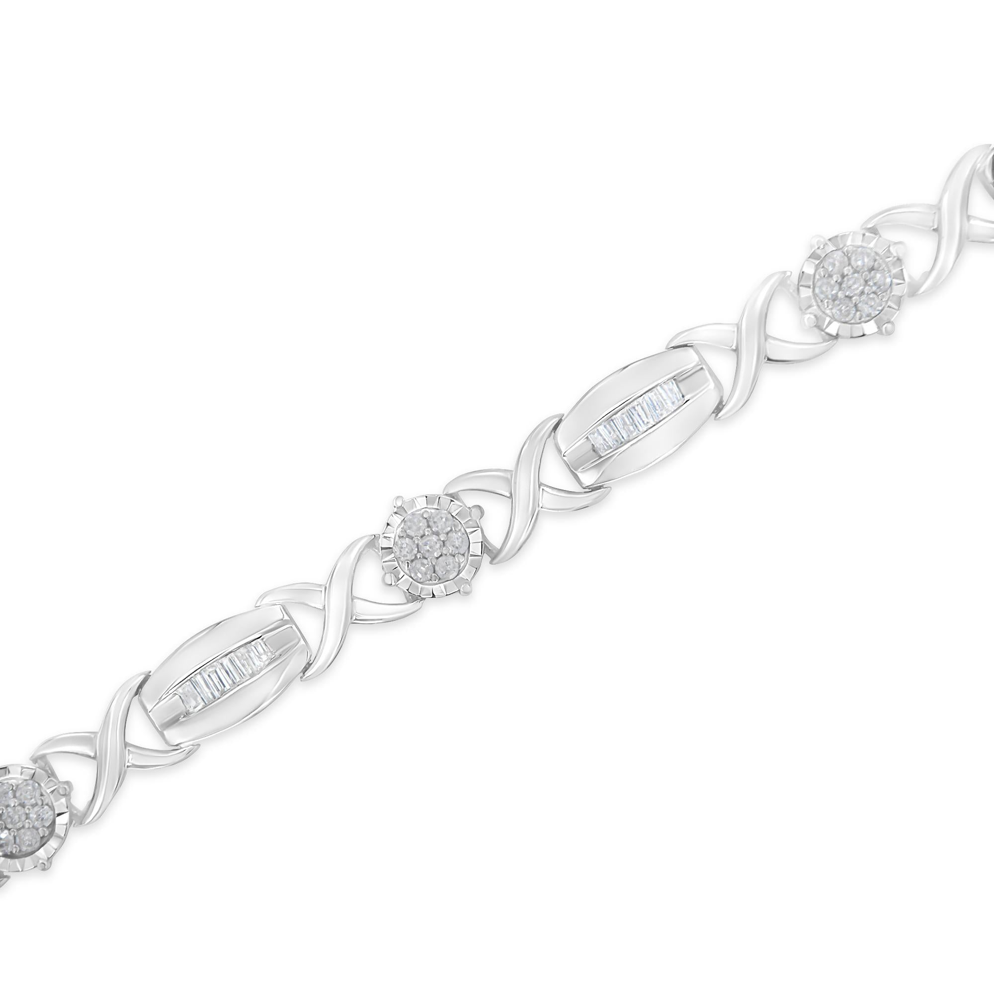 Pulsera de eslabones en X de diamantes de talla redonda y baguette de 1,0 quilates en plata de ley 925 (color IJ, claridad I1-I2) - 18,8 cm - Friggin Jewelry