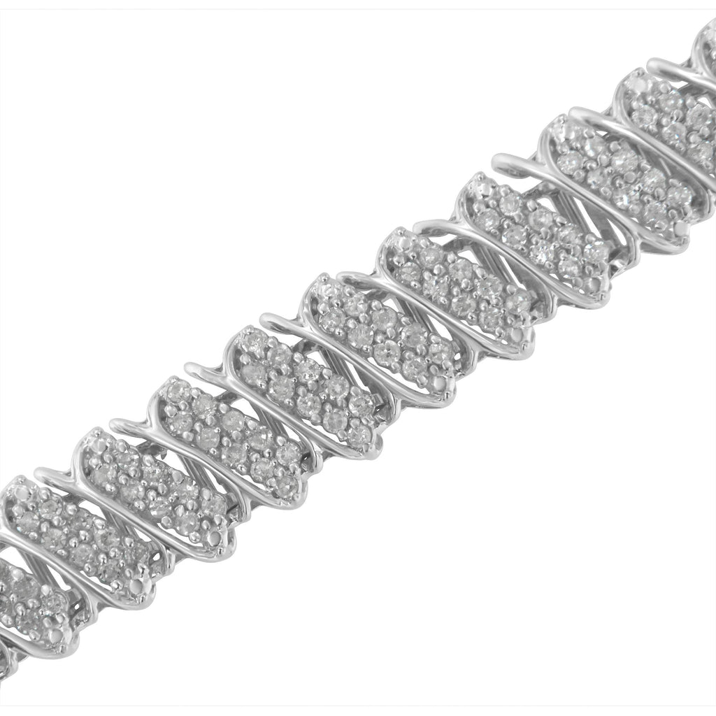 .925 Sterling Silver 3.0 Cttw Diamond Multi Row Cluster Slanted Wave Link 7-¼” Tennis Bracelet (I-J Color, I2-I3 Clarity) - Friggin Jewelry