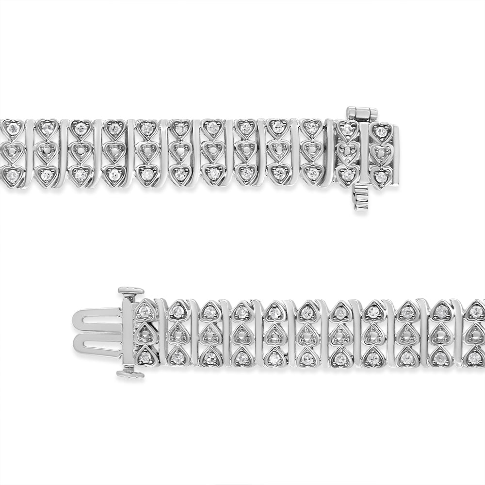 .925 Sterling Silver 1.00 Cttw Diamond Multi Row Heart Link Bracelet (H-I Color, I1-I2 Clarity) - 7.25" Inches - Friggin Jewelry