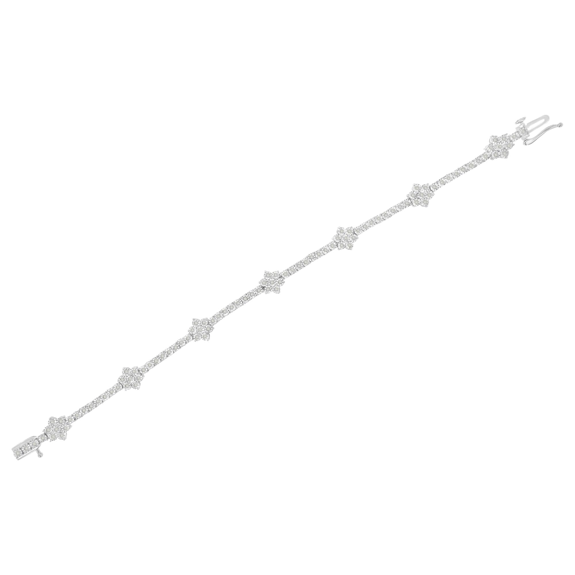.925 Sterling Silver 1.0 cttw Miracle-Set Diamond Floral Station Tennis Bracelet (I-J Color, I3 Clarity) - 7-1/2" - Friggin Jewelry