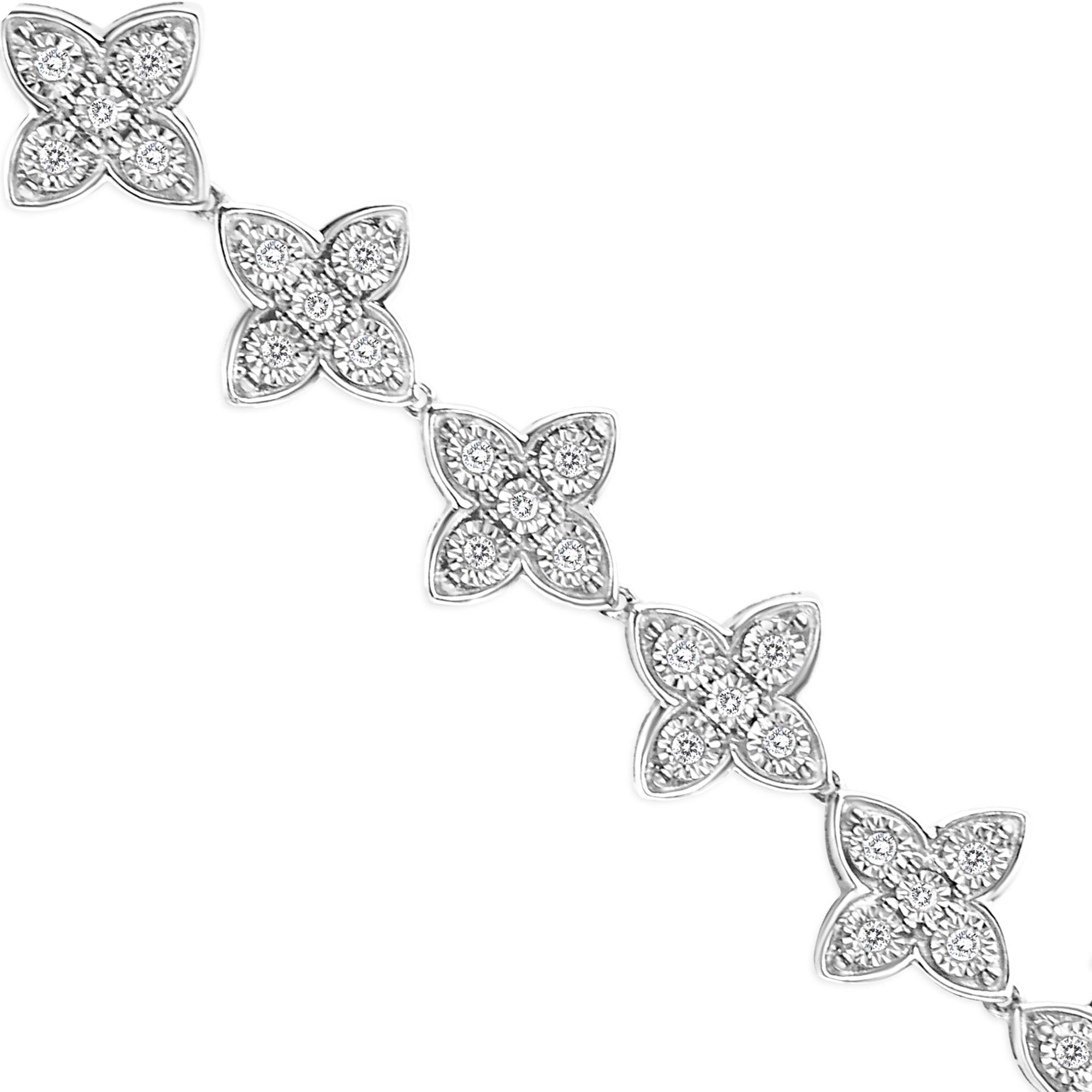 .925 Sterling Silver 1 cttw Miracle-Set Diamond 4 Leaf Clover Link Bracelet (I-J Clarity, I3 Color) - Size 7.25" - Friggin Jewelry